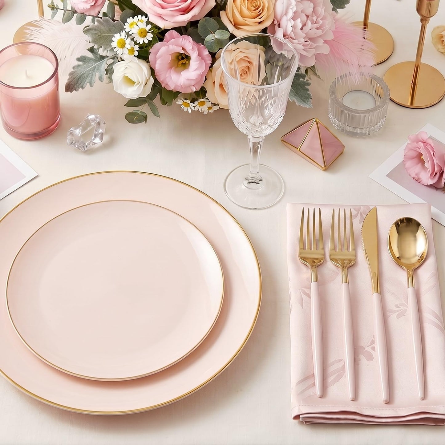 DaYammi 150Pcs Pink Plastic Plates with Gold Rim,Elegant Disposable Dinnerware with Gold Cutlery - 30 Dinner Plate,30 Dessert Plate,30 Knives,30 Forks,30 Spoons,Fancy Pink Plates for Party Wedding