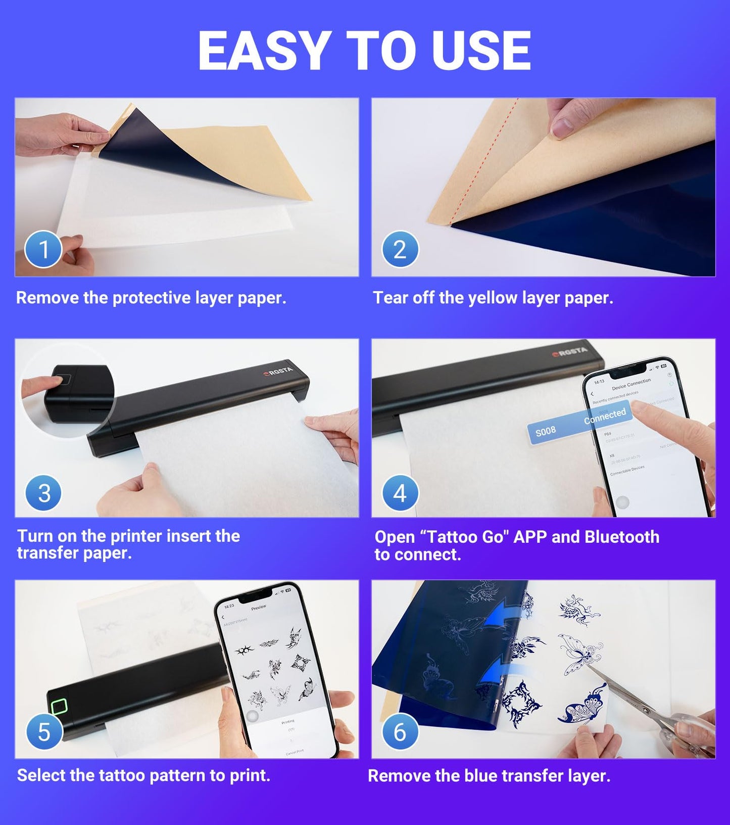 ORGSTA Tattoo Stencil Printer, Wireless Thermal Tattoo Printer with 10pcs Transfer Paper, Compatible with Phone/Tablet/PC, Tattoo Supplies for Tattoo Artists & Beginner - S008
