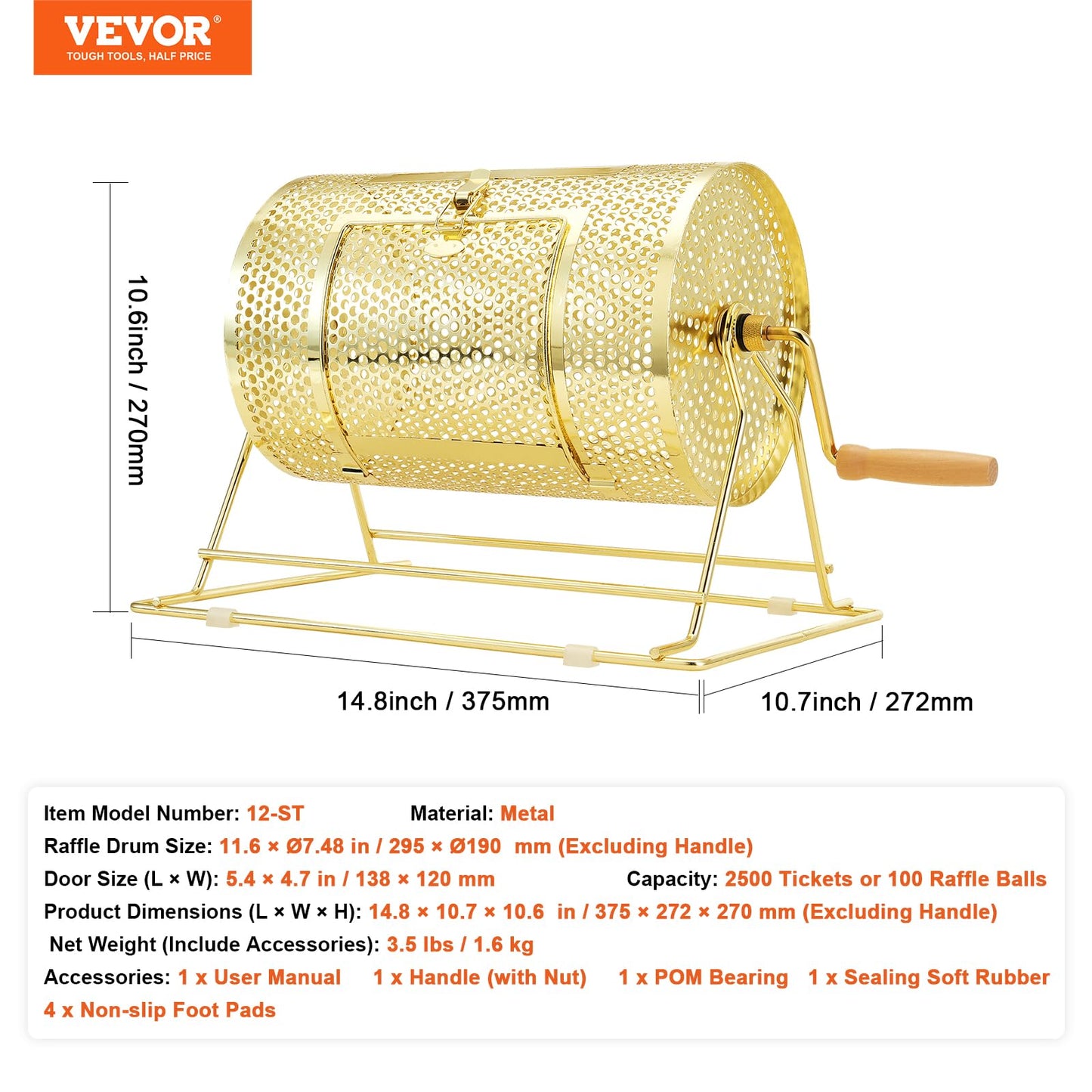 VEVOR Raffle Ticket Spinner - 12 x 8 Inch Raffle Drum Lottery Spinning Drawing, Brass Plated Raffle Tickets Roll Box with Wooden Turning Handle Holds 2500 Tickets or 100 Ping Pong Balls for Events