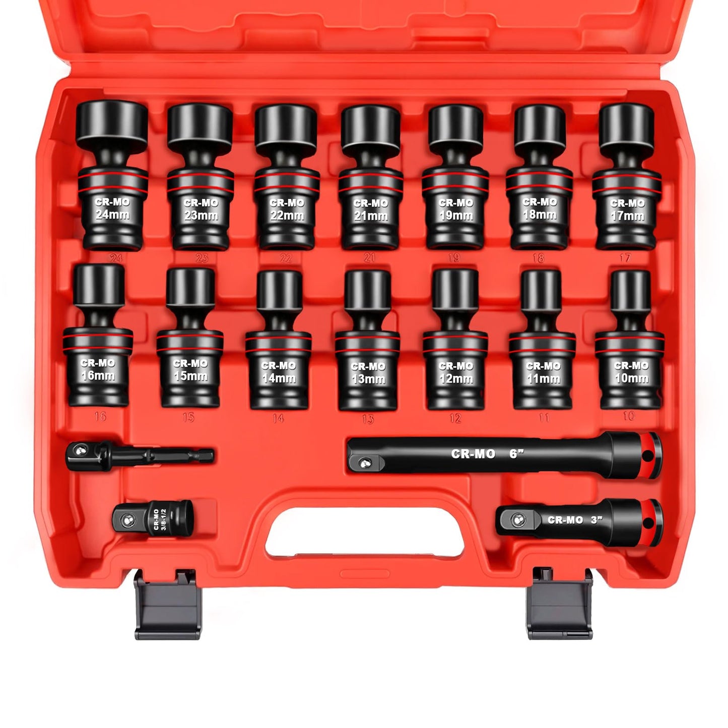 WETT 18-Piece 1/2" Drive Shallow Impact Universal Joint Socket Set, Metric Swivel Socket Set (10-24mm), Flexible Wobble Sockets with 3", 6" Extension Bar, Adapter, 6 Point, CR-MO Steel