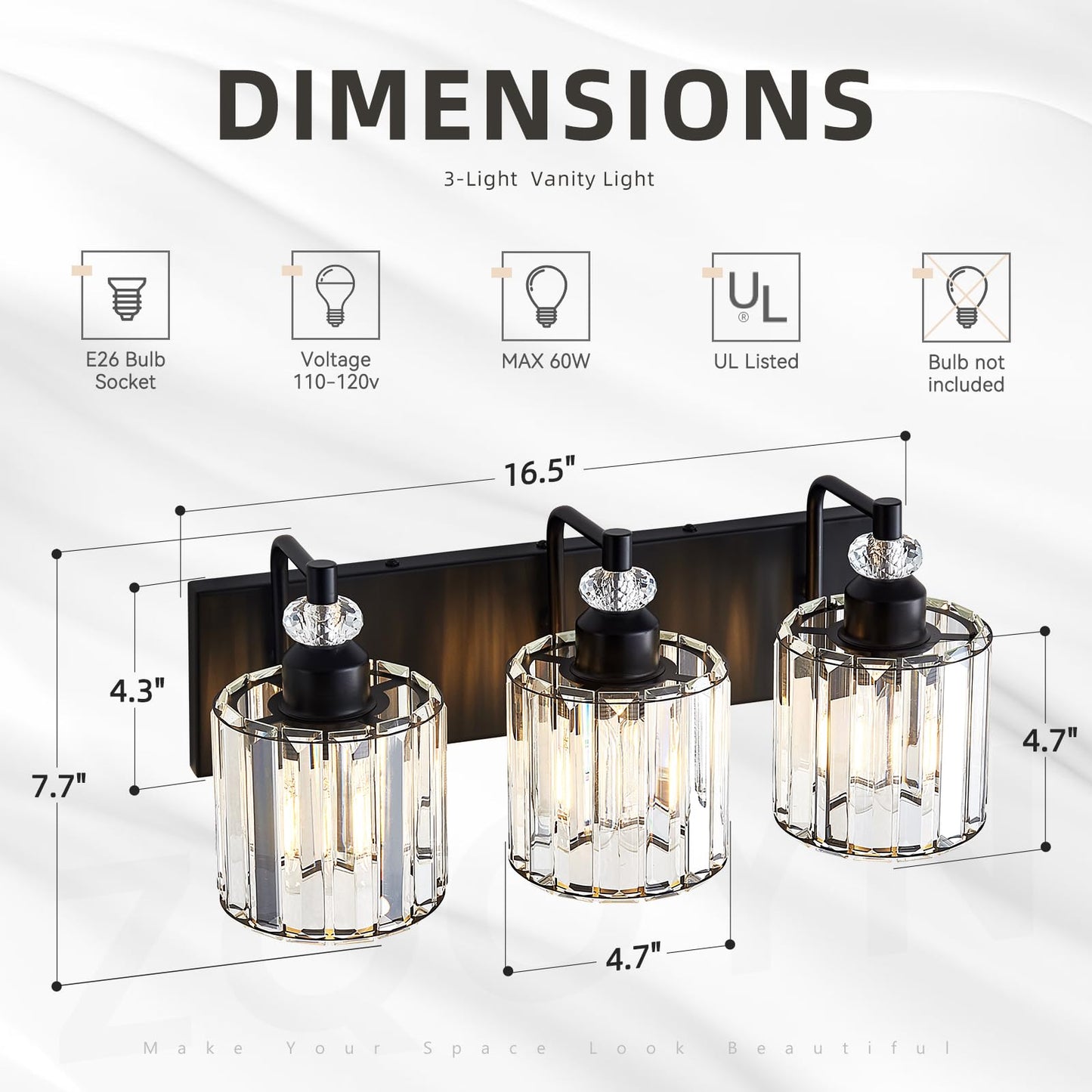Zqoyn 3-Light Black Bathroom Light Fixtures Over Mirror Modern Vanity Lights Crystal Wall Sconce Vintage Bathroom Lighting with Crystal Shade E26 Base for Bedroom, Living Room, Hallway
