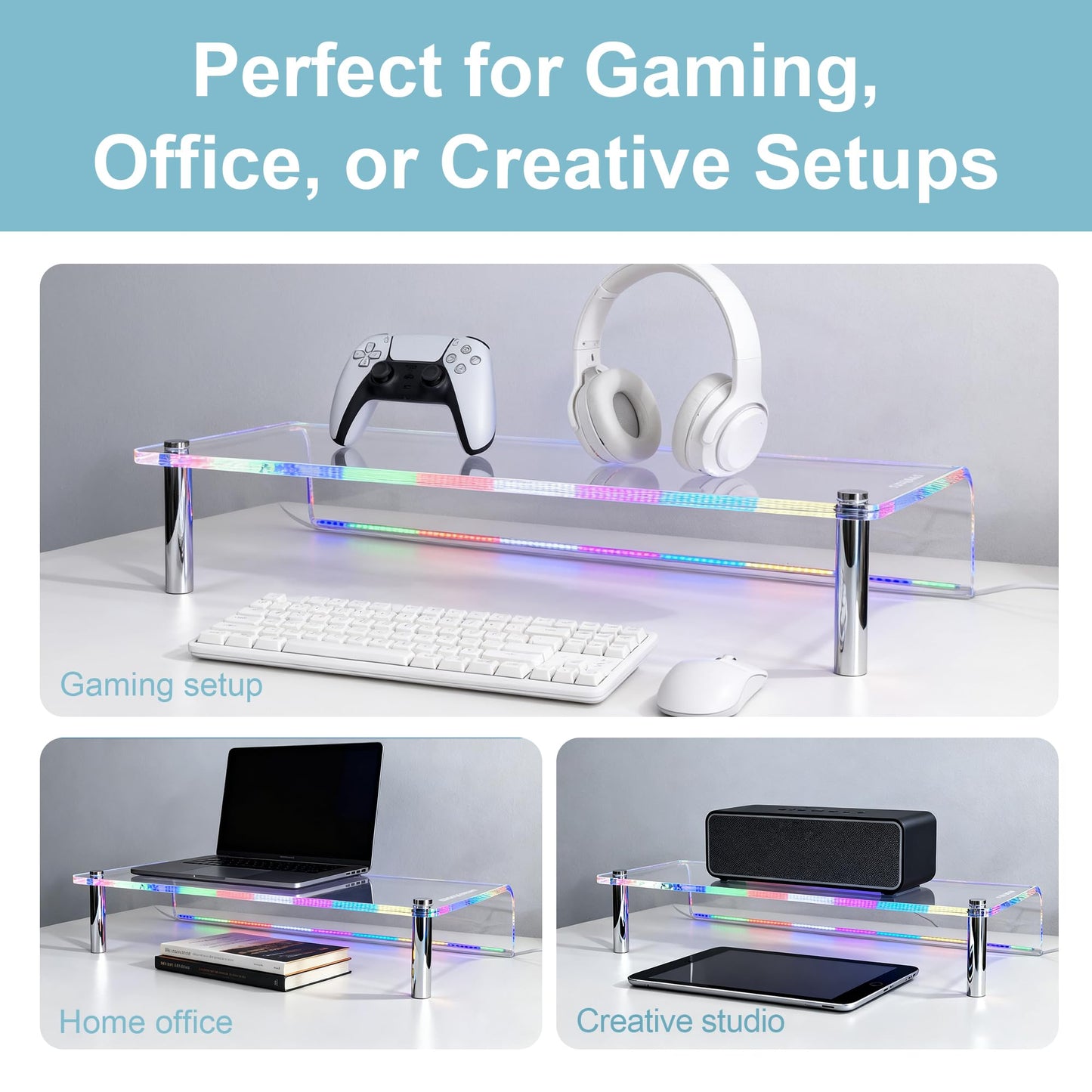 ERGO COLLECT Thickened Acrylic Monitor Stand, RGB LED Color Changing Desk Riser with 3 Control Modes, APP Control Button Control Music Sync Gaming Light, Clear Desktop Shelf for Computer Laptop Home Office Gaming Setup, 23.6 Inch