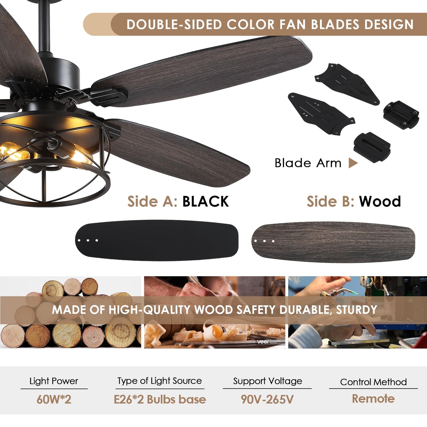 52" Black Ceiling Fan with Light & Remote, Timer, 5 Wood Blades - Rustic Flush Mount Fandelier, 6-Speed Reversible, Indoor/Outdoor for Bedroom, Living Room, Kitchen, Patio