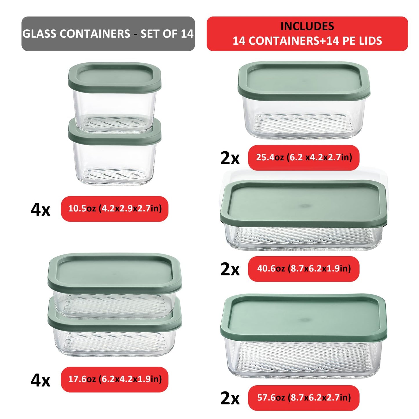 EATEX 14 Pack Glass Meal Prep Containers with Grooved Base, 14 Stackable BPA Free Glass Storage Containers with Lids for Lunch, Pantry, and Kitchen - Microwave, Dishwasher Freezer & Oven Safe - Sage