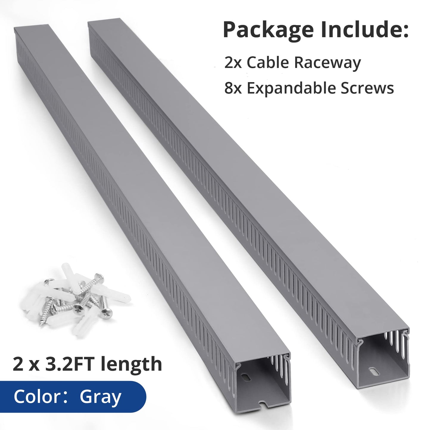 3x3in Cable Raceway, 6.6FT(2xL3.2FT) Large Wire Tray, PVC Cord Hider for Network Cable Management, Wire Raceway Wire Covers for Cords Computer Under Desk, Cord Cover Wall Cable Hider Cable Cover Gray