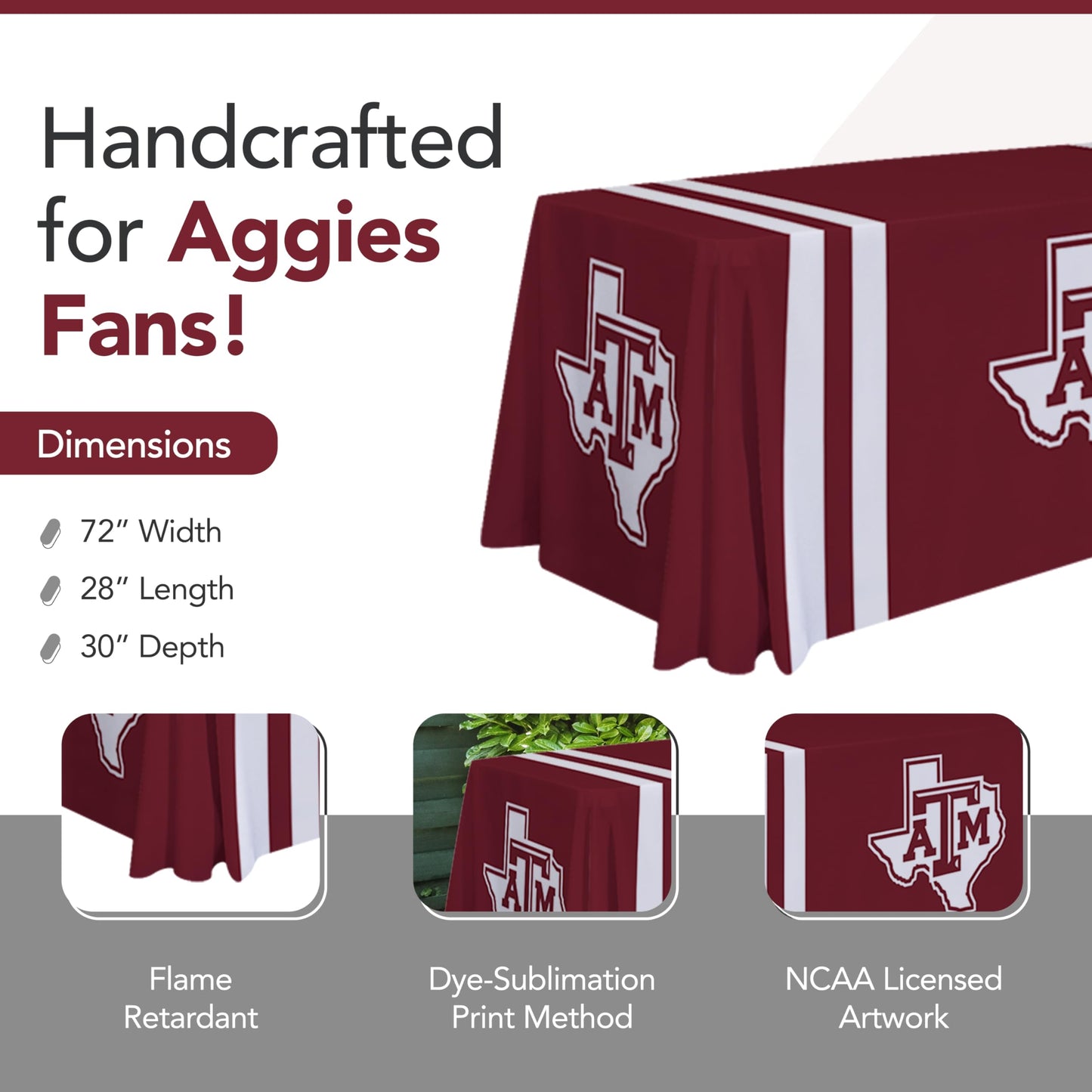 Victory Corps Texas A&M Aggies 6' College Sports Printed Table Throw - NCAA Licensed - Polyester Draped - School Tablecloth (Maroon, White)