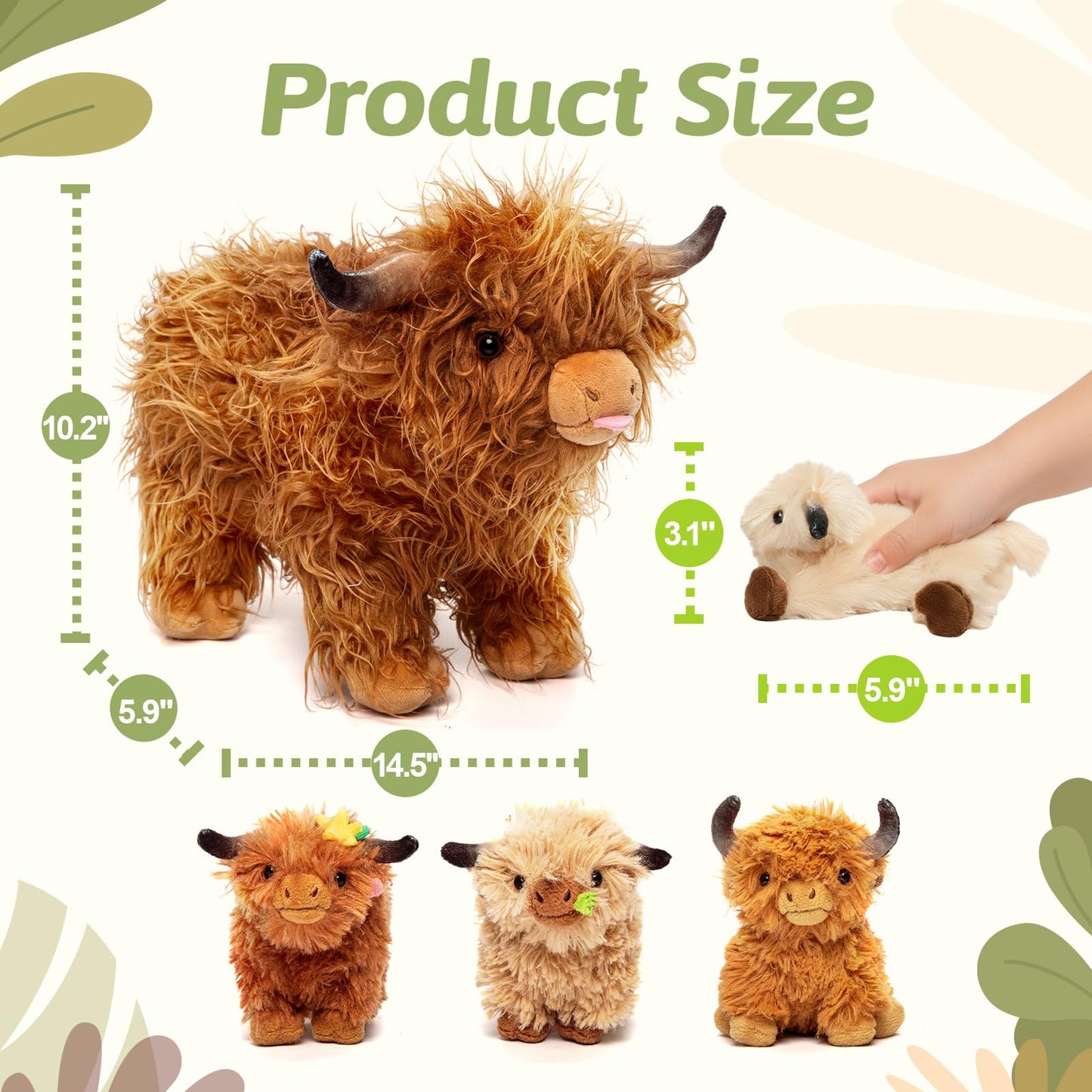 OUOZZZ Highland Cow Stuffed Animal – Large Realistic Fluffy Cow Plush Toy with 4 Baby Calves – Special Furry Material – Travel-Friendly & Portable Gift for Baby Girls, Boys, Toddlers & Kids 14.5"