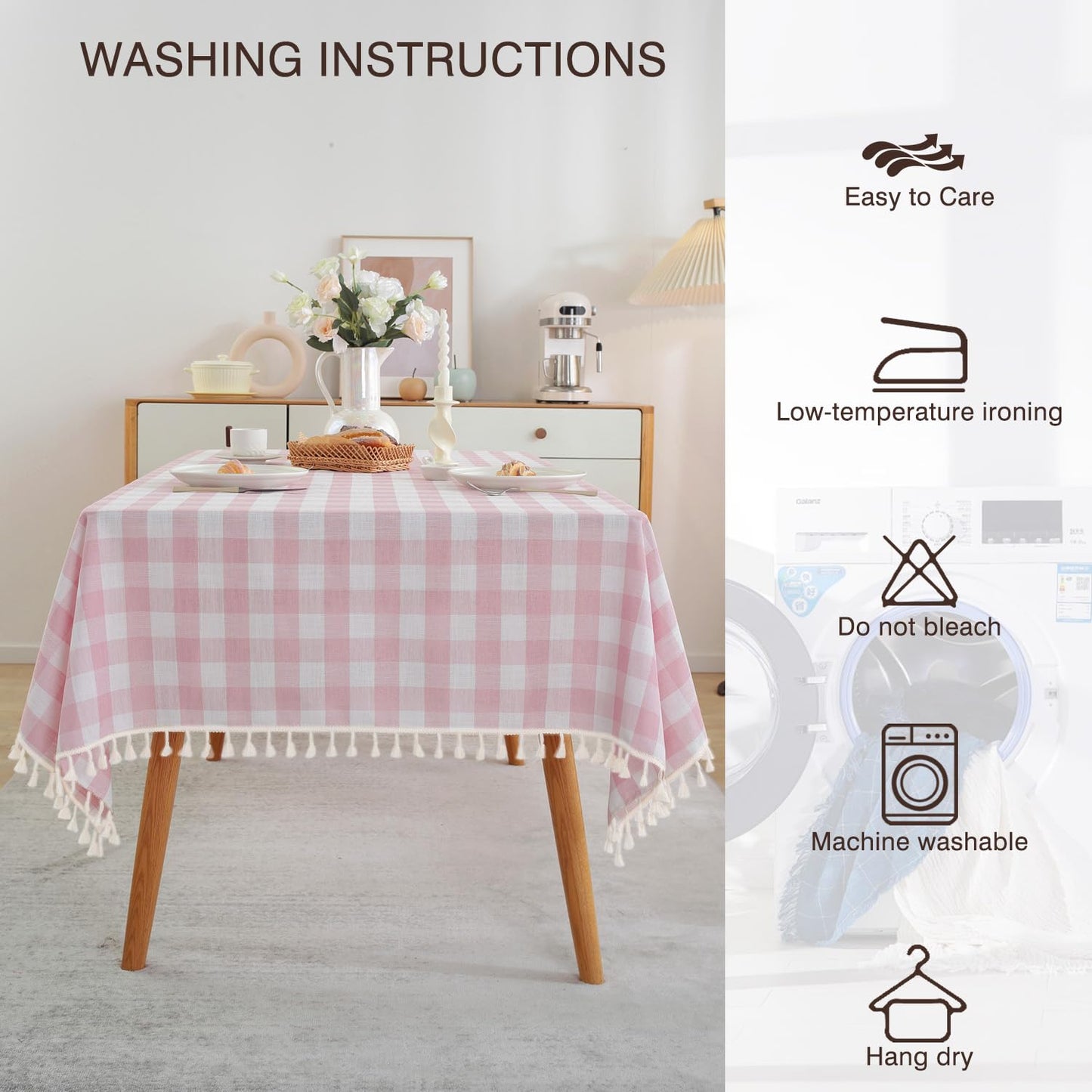 JIALE Checkered Table Cloth Rectangle Cotton Linen Fabric Gingham Tablecloth with Tassel Washable Wrinkle Free Buffalo Plaid Table Cover for Spring Picnic Kitchen Dining, Pink and White, 55x120''
