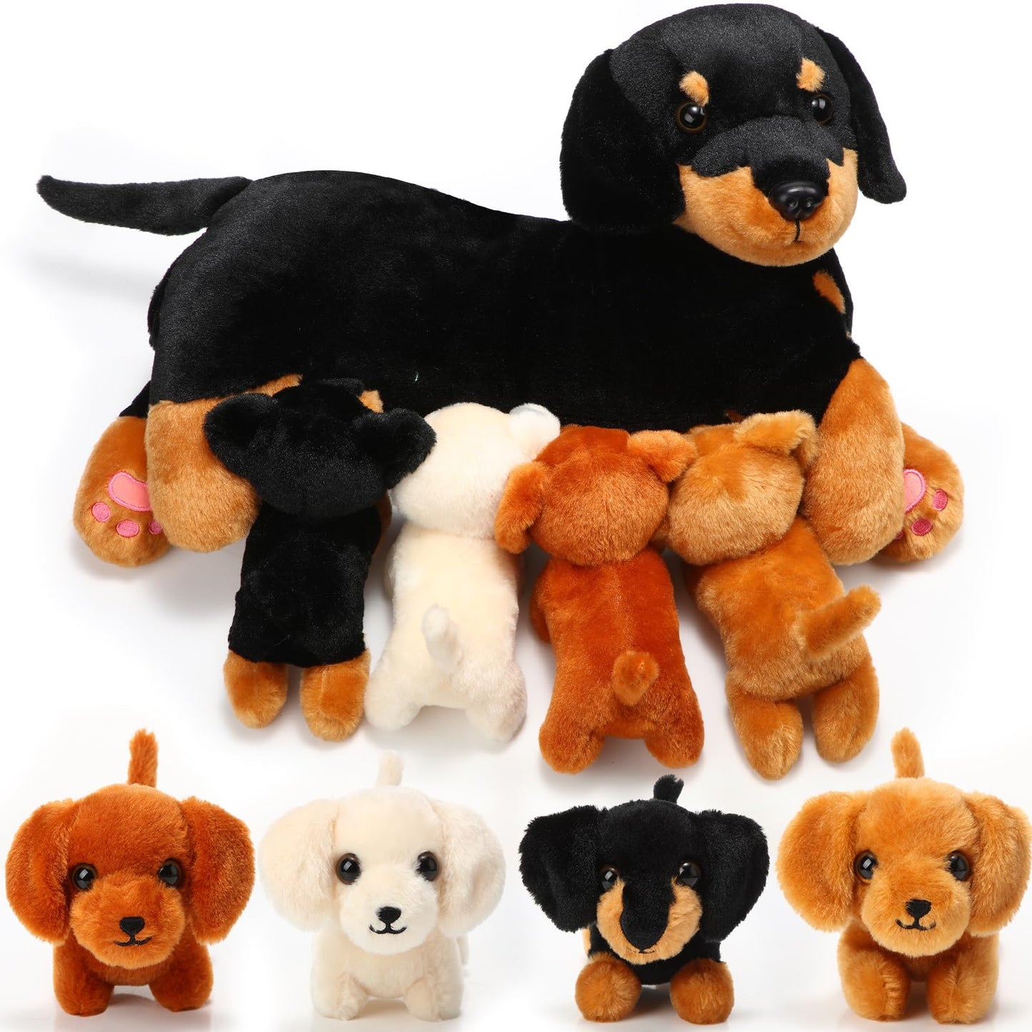 Honoson Nurturing Dog Stuffed Animal Set with 4 Baby Puppies, Soft Cute Dog Themed Plush Toys for Kids, Girls, Boys Birthday, Valentine Gifts