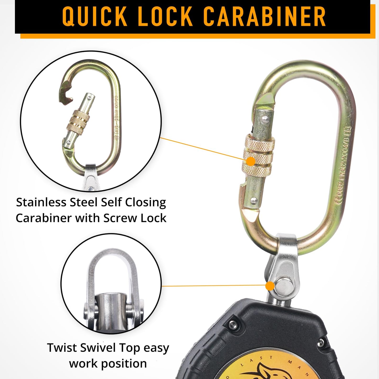 TRSMIMA Fall Protection Retractable Lanyard - 6FT Construction Self-Retracting Lanyard Fall Arrest Safety Roofing Heavy Duty Leading Positioning ANSI OSHA Class B