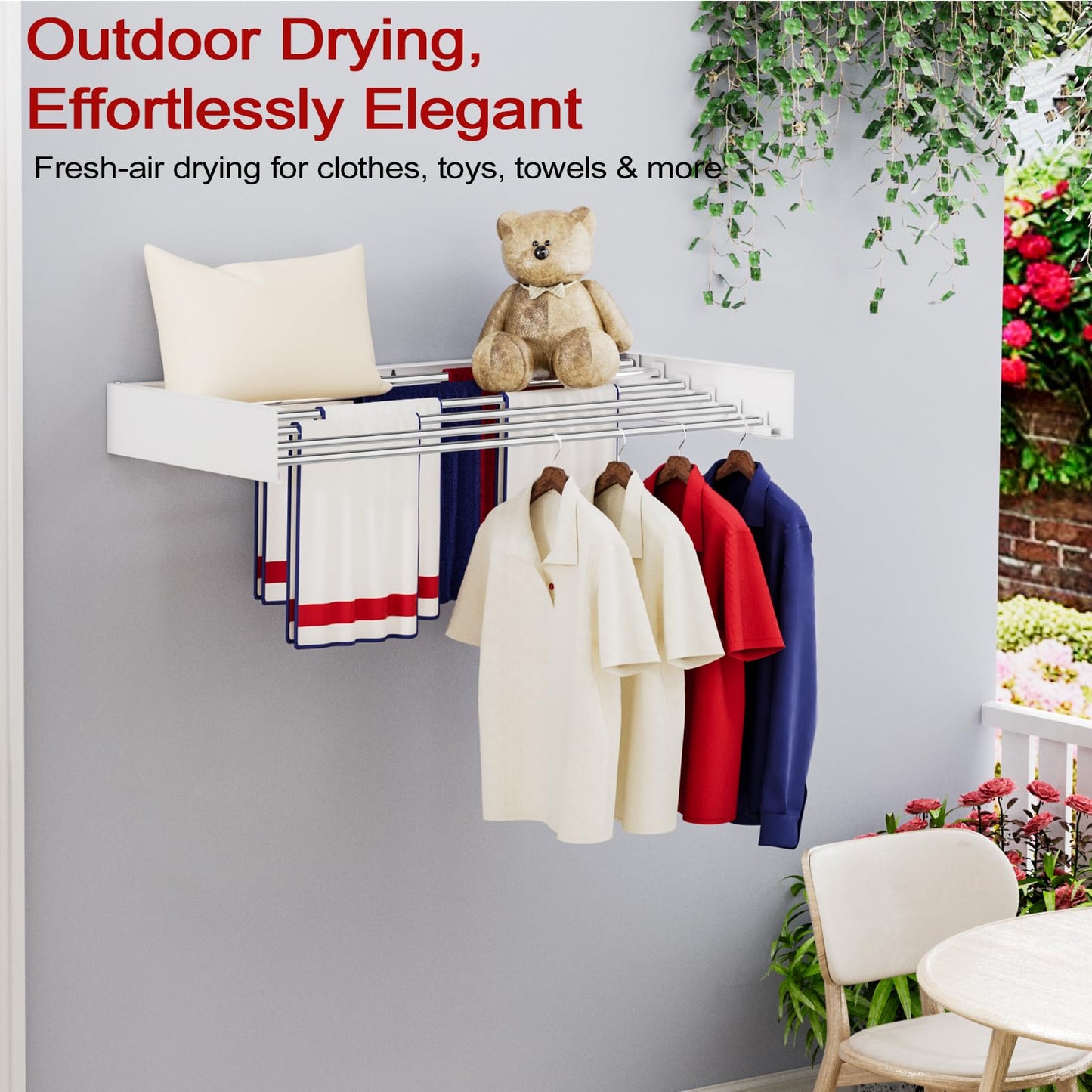 SOLVESTIS Wall Mounted Drying Rack 40", Foldable Laundry Drying Rack with Stainless Steel Rods, Retractable Laundry Space Saver for Indoor & Outdoor Use, Include Wall Template