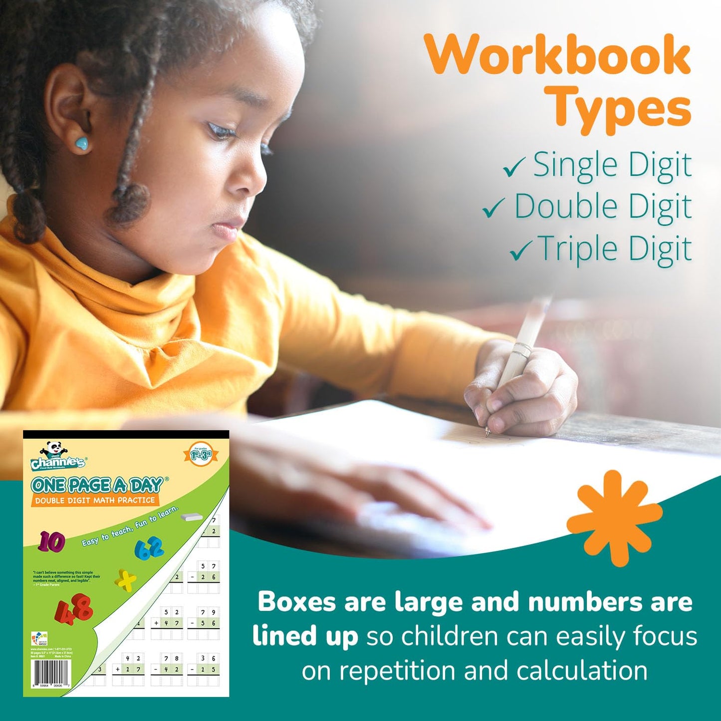 Channie’s One Page A Day Single, Double & Triple Digit Math Worksheets for Pre-K to 3rd Grade Kids, Addition & Subtraction Workbook, Easy Tear-Off Pages, 3 Pack for Daily Practice