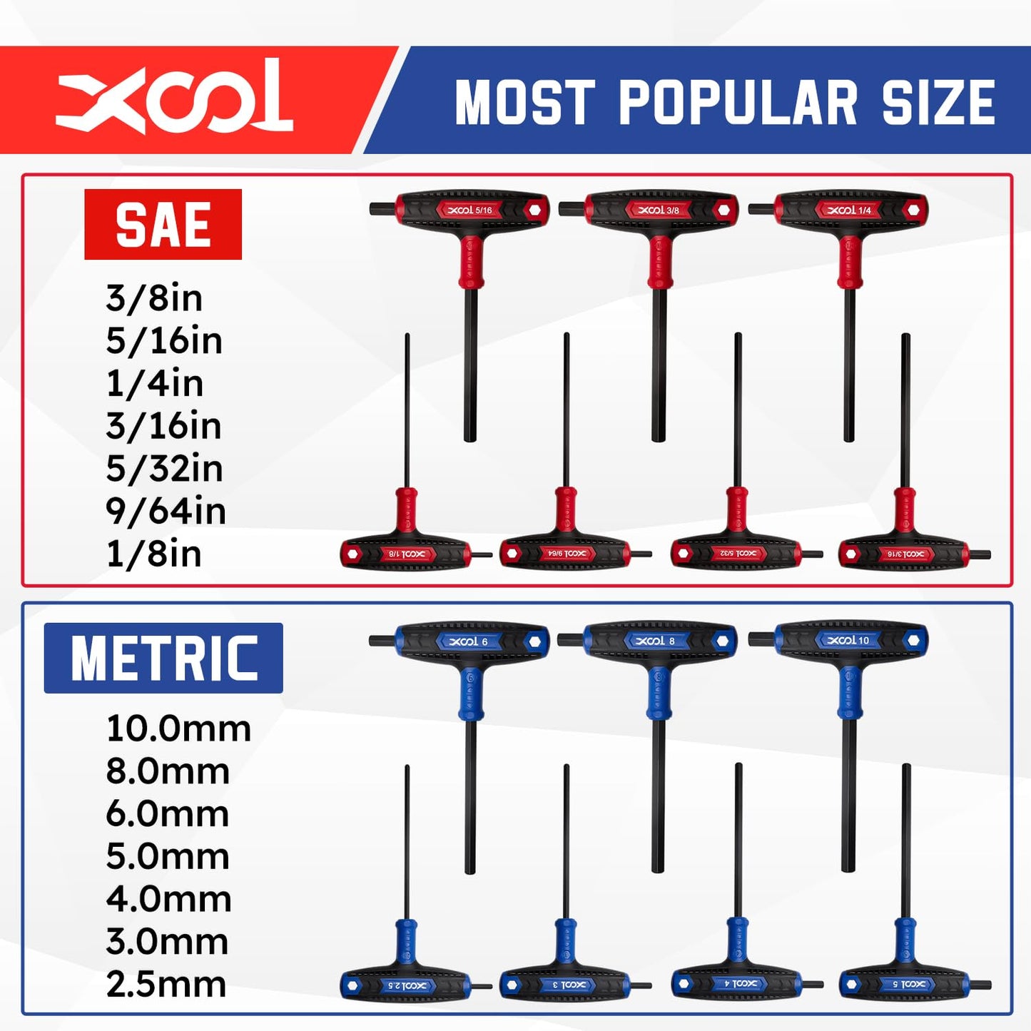 XOOL 14PCS T Handle Allen Wrench Set, Metric & SAE Hex Key Set, Long Arm Hex Key Wrench Set with Portable Organizer