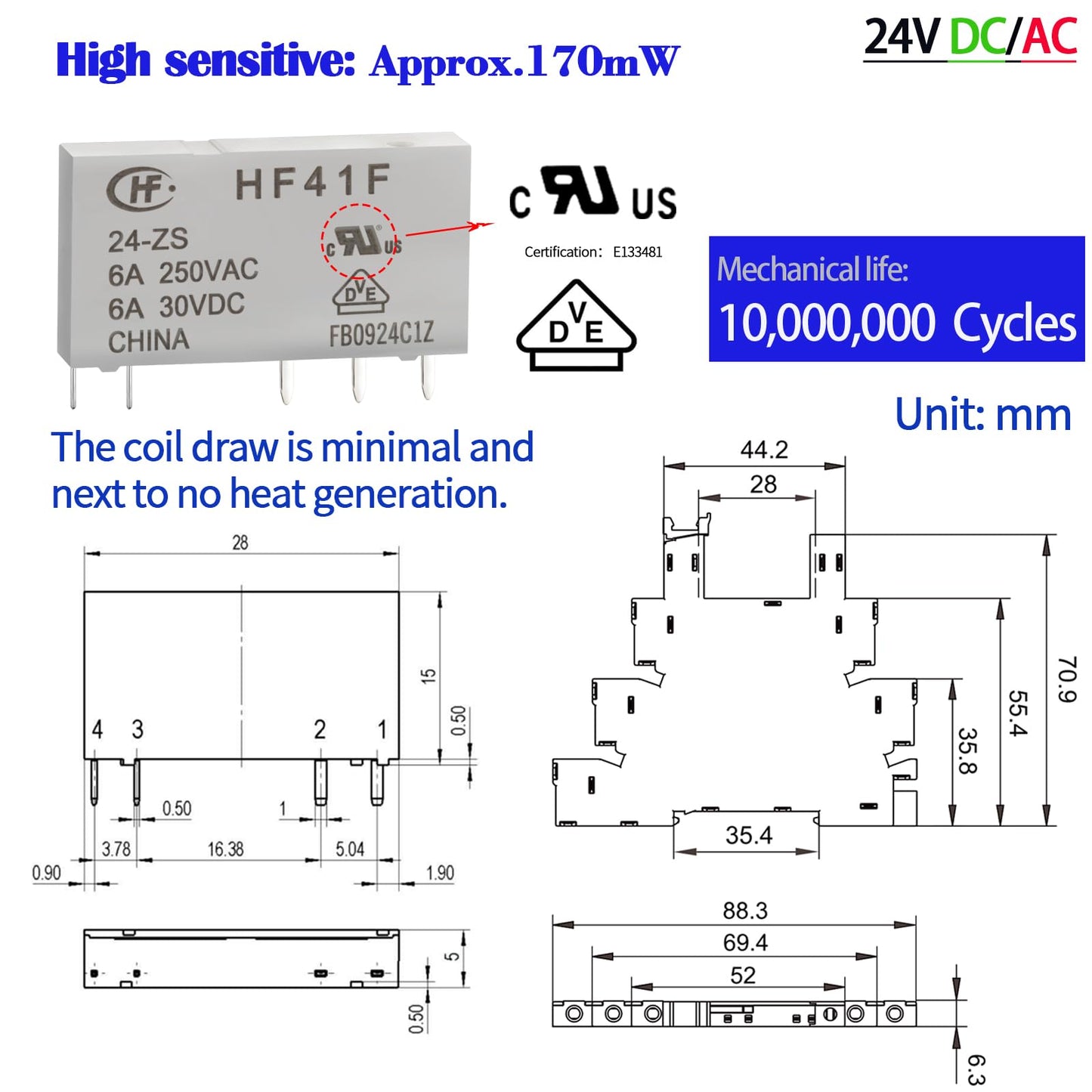 ZJWZJH 10Pcs Miniature Electromagnetic Relay 24V Coil DC/AC; Signal for PLC; HF41F/24-ZS 1NO 1NC 6Amp SPDT with Jumper, Separator, 24V Relay Din Rail, UL Certification