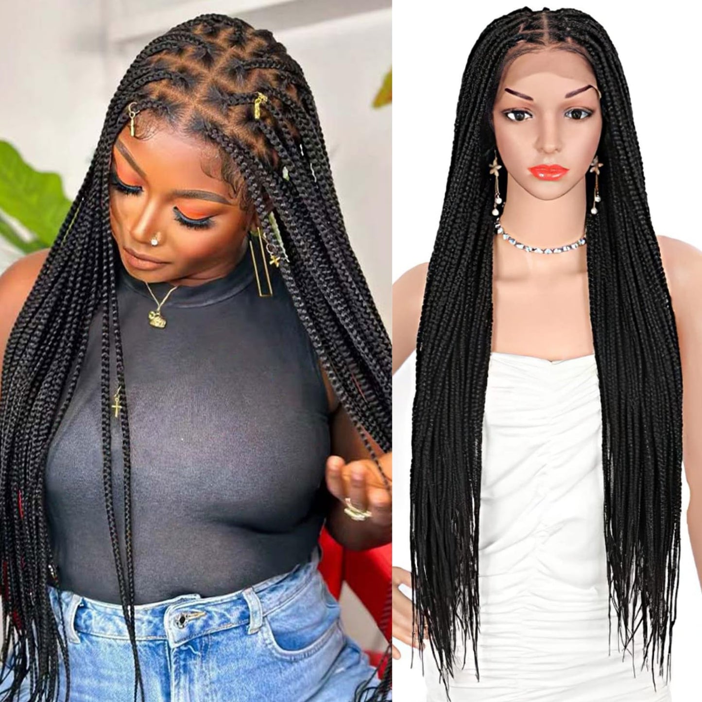Brinbea 36'' 13X8" HD Lace Front Knotless Braided Wigs for Women Box Braid Wig with Baby Hair Braided Lace Front Wigs Human Hair Blended Braid Wig Natural Long Black