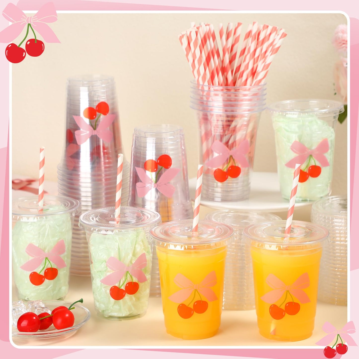 Sliner 50 Pcs 16 oz Coquette Disposable Plastic Cups with Straw for Party Supplies Bow Cups Birthday Wedding Bridal Engagement Party Drinkware Baby Shower Decoration (Cherry Bow)
