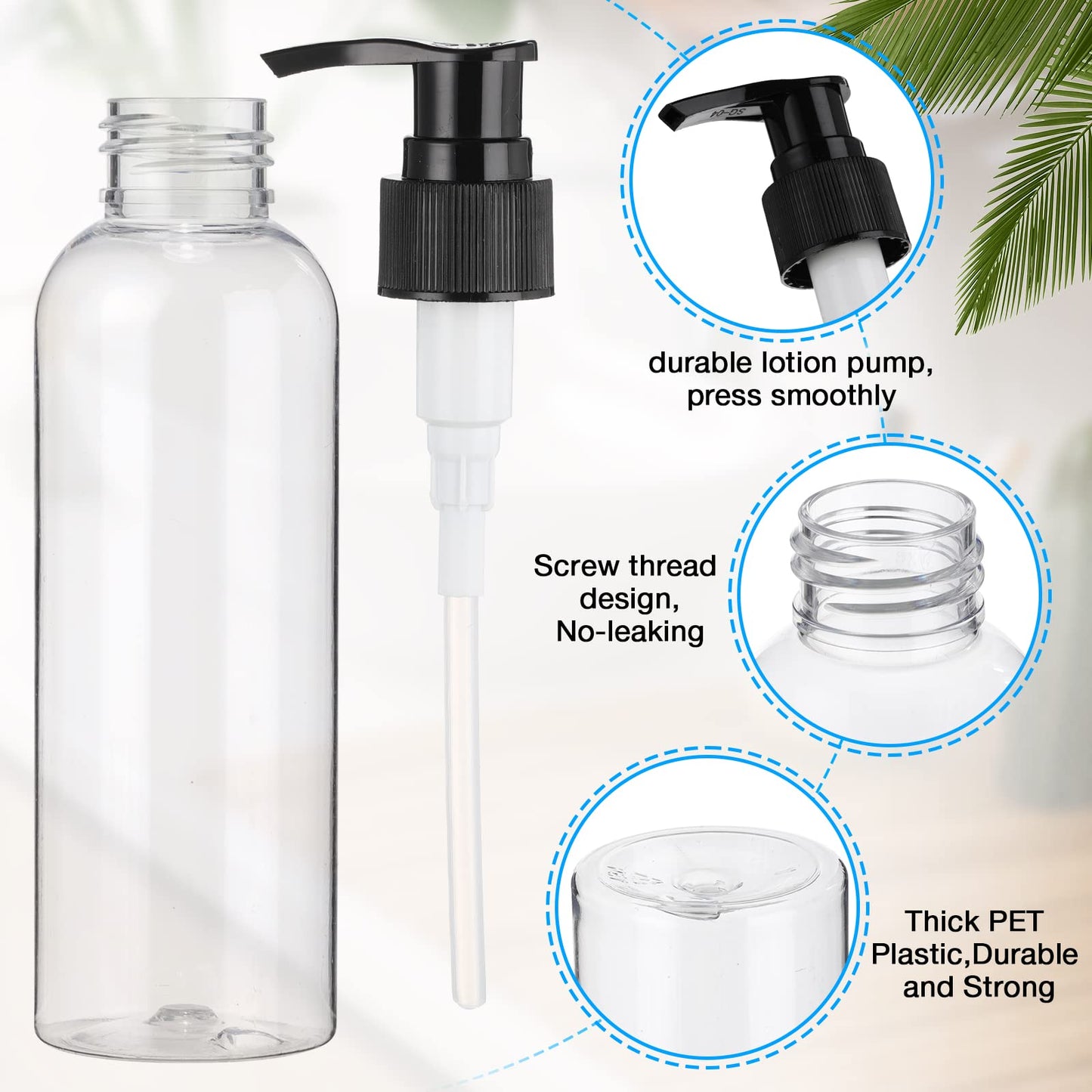 Nuenen 48 Pcs Refillable Empty Lotion Bottles 4oz/120ml Clear Plastic Pump Bottles Conditioner Shampoo Pump Dispenser Leak Proof Pump Container for Body Wash, Creams, Liquid Soap (Black and White)