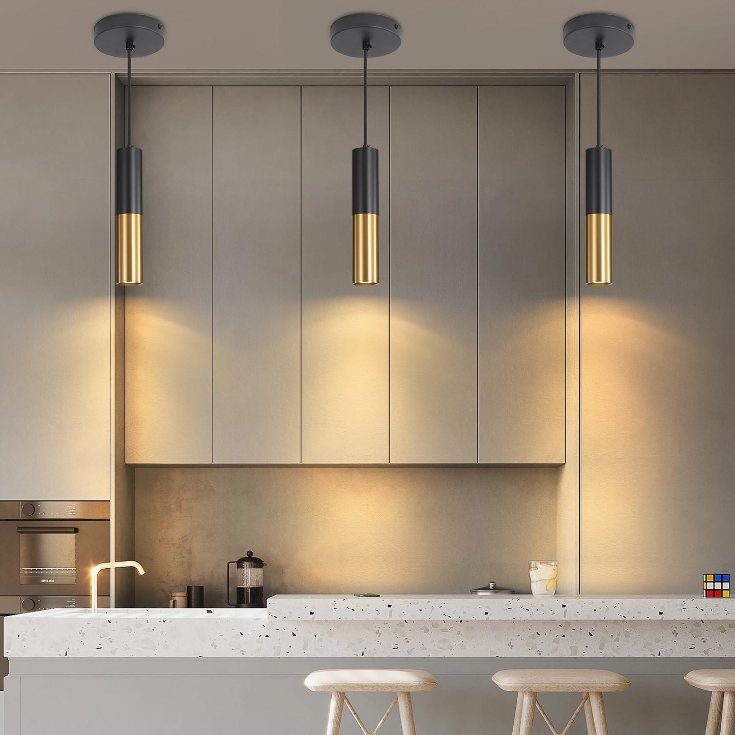 Daoseolo 3 Pack Modern Black and Gold LED Pendant Lights, Minimalist Linear Hanging Light, 3 Color 2700K/4500K/6500K, Ceiling Mount Pendant Lamp for Kitchen Island, Dining Room, Bedroom, Bar, Cafe