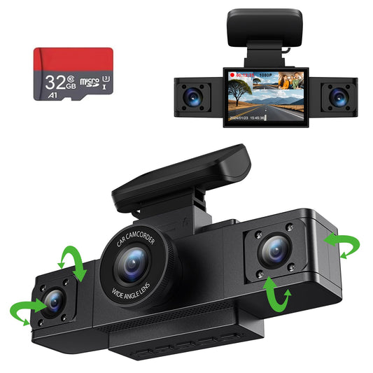 3 Channel 1080P Dash Cam Front and Inside Left/Right, Free 32G Card, Dash Camera Loop Recording, Triple Camera for Cars 24 Hours/7 Parking Monitor, Wide Angle, IR Night Vision, with G-Sensor, Black