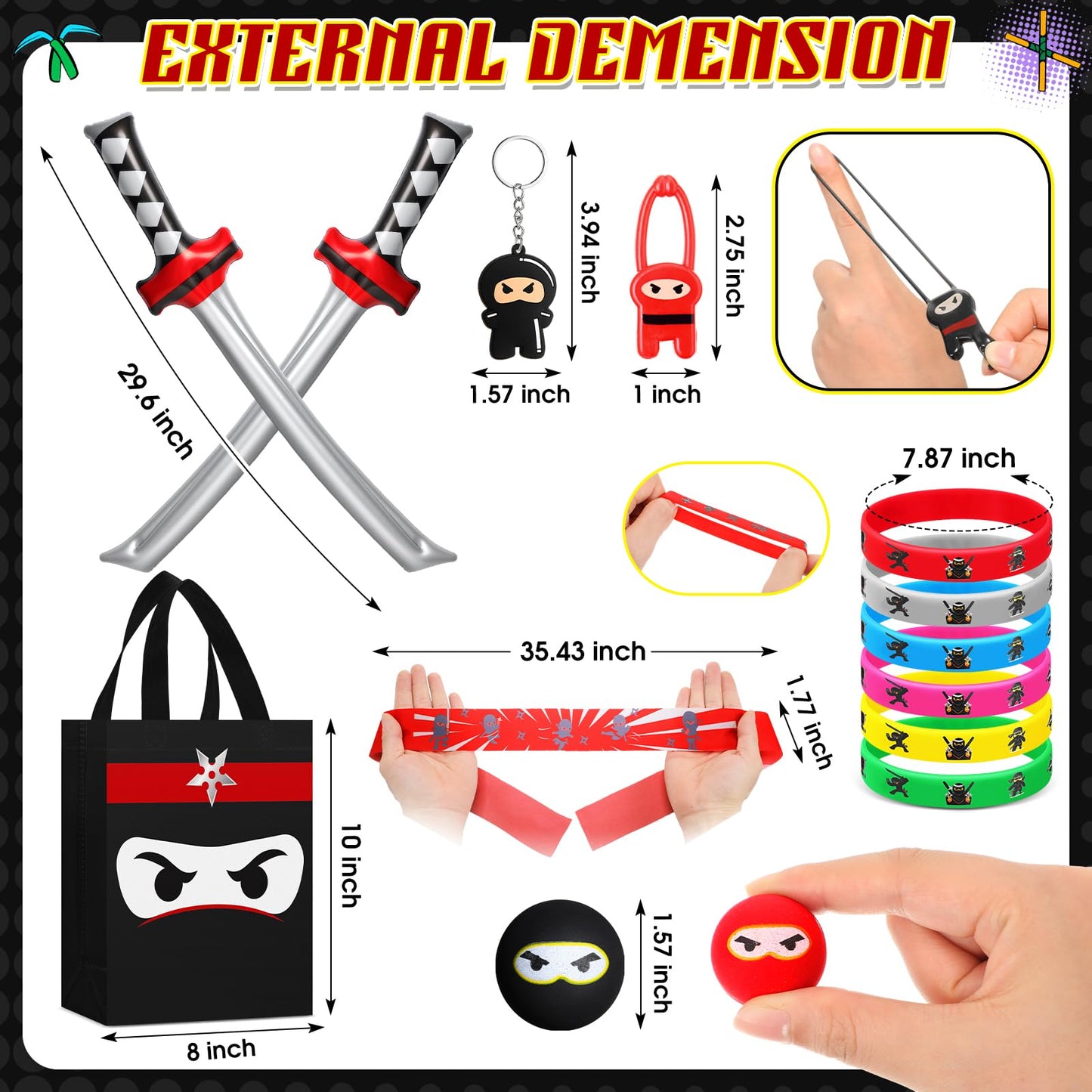 Seenelling 12 Guests 84 Pcs Ninja Party Favors Include Ninja Non Woven Bags Inflatable Toys Bouncy Balls Throwing Flying Slingshot Headbands Silicone Bracelets Keychains for Party Supplies