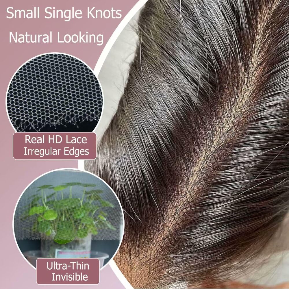 KRN 5x5 HD Lace Closure, Skinlike Undetectable Melted Lace Closure Pre Plucked with Baby Hair 12A Grade Brazilian Virgin Human Hair Breathable and Thin 0.10mm Invisible Swiss HD Lace Closure 16 Inch