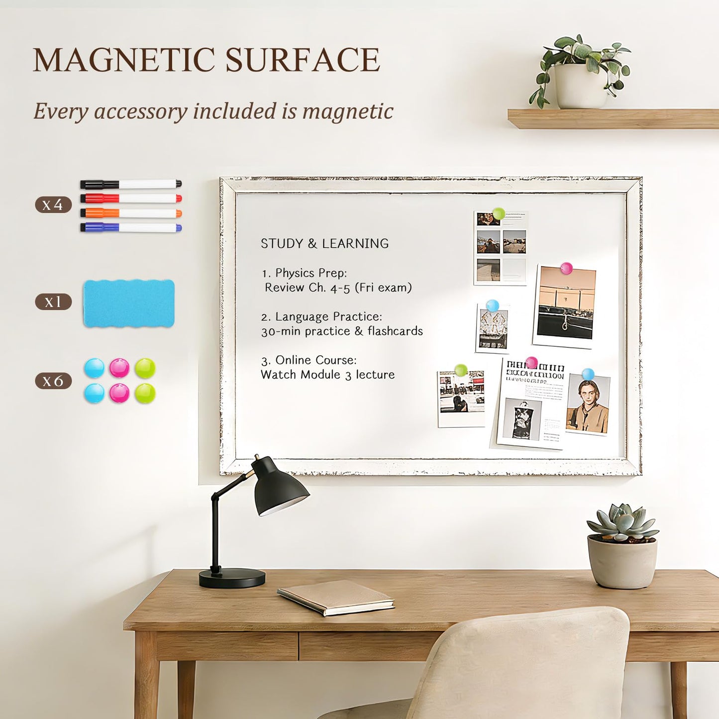 QUEENLINK White Board for Wall, 24" x 18" Magnetic Dry Erase Board, Rustic Wooden Frame Decorative Whiteboard, Wall Mounted, Distressed Whitewash, Aesthetic Writing Board for Home, Office, School