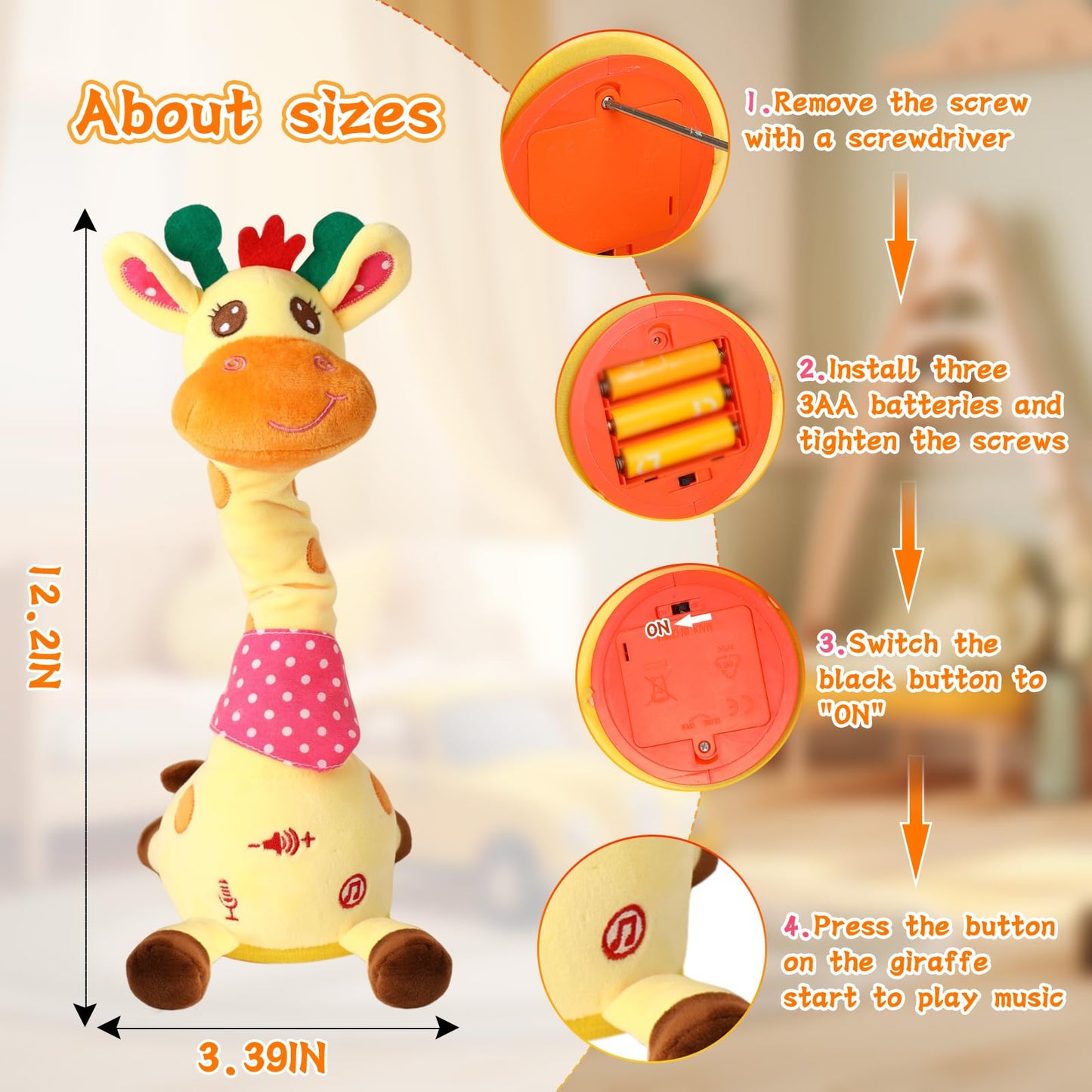 Dancing Giraffe Plush Toy, Cute Interactive Speaker Giraffe Gift for Girls Boys, Musical Toys for Baby Singing 10 Nursery Rhymes Repeat What You Say (Giraffe