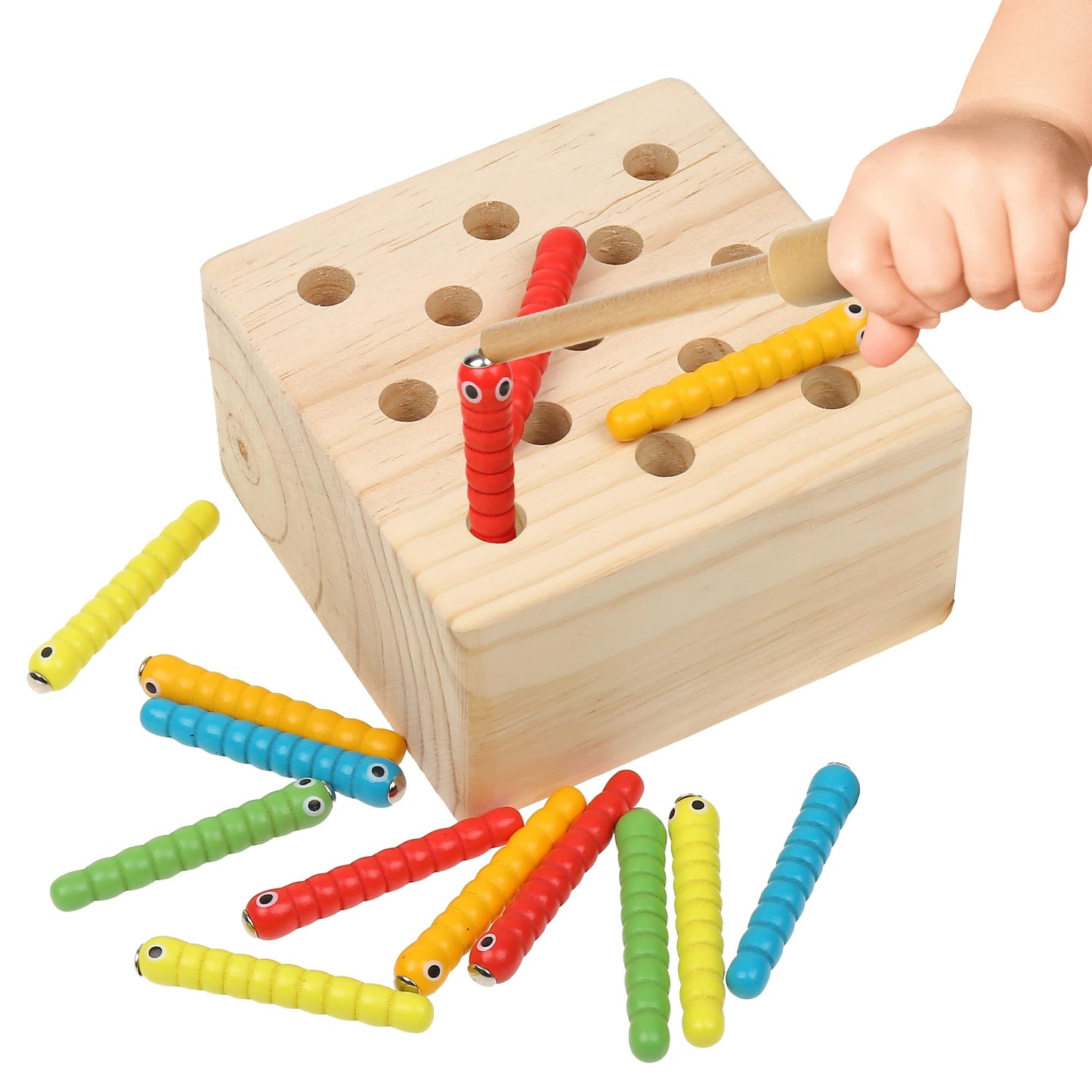 Wooden Montessori Bug Catching Toy with 13 Magnetic Worms and 2 Wand Rods - Fine Motor Skills Educational Toy for Toddlers and Kids 3 Years and Up, Hand Eye Coordination Game