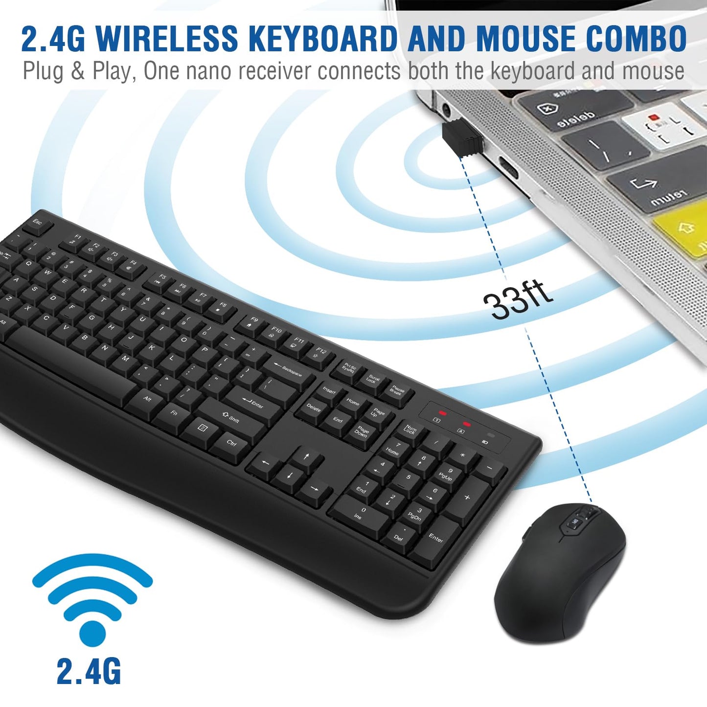 Wireless Keyboard and Mouse Combo, EDJO 2.4G Full-Sized Ergonomic Computer Keyboard with Wrist Rest and 3 Level DPI Adjustable Wireless Mouse for Windows, Mac OS Desktop/Laptop/PC (Black)
