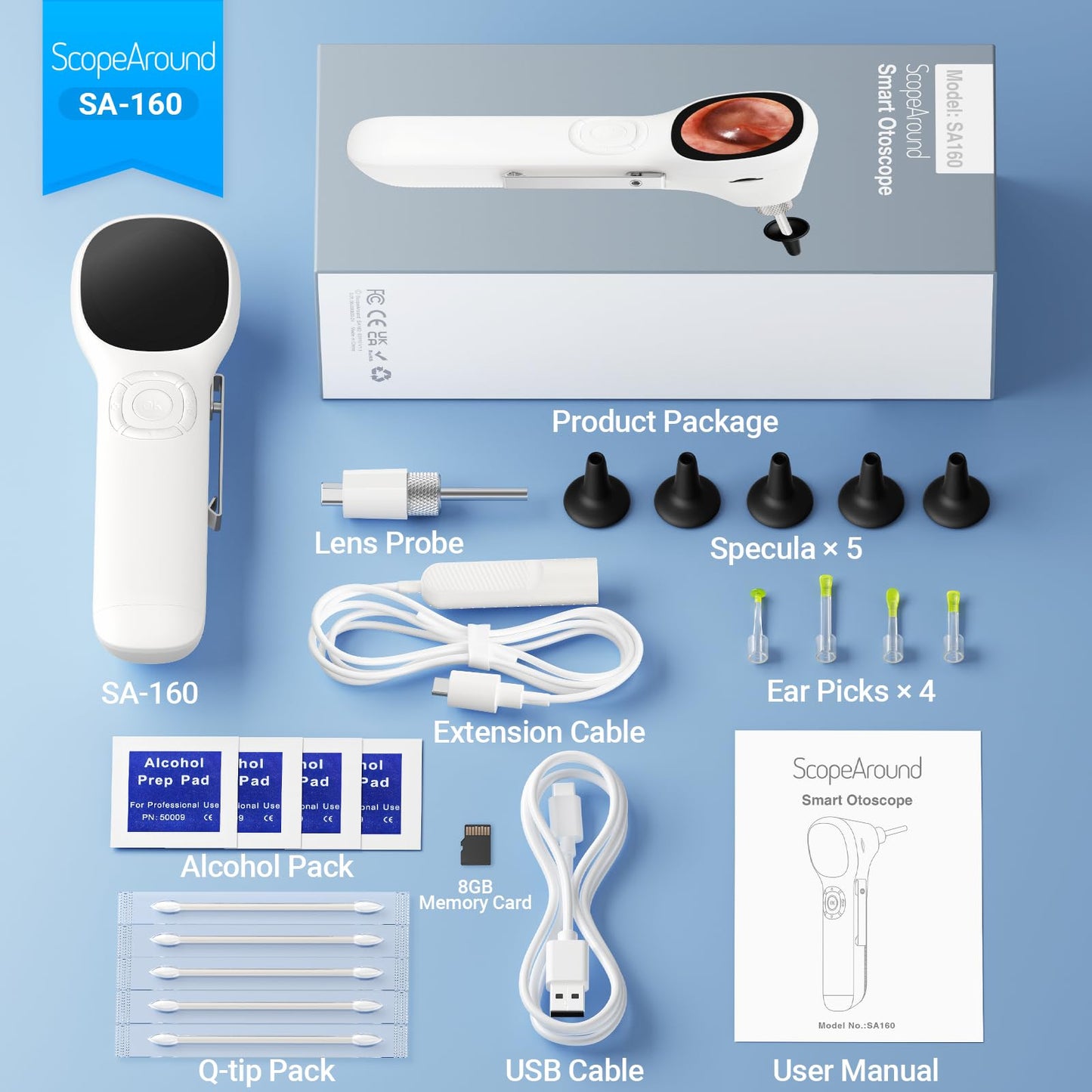 ScopeAround Digital Otoscope w/IPS Screen, 720p HD Smart Video Otoscope with Light, Ear Scope Otoscope with Camera Ear Wax Removal Camera, Ear Checker, Power On and Go, White