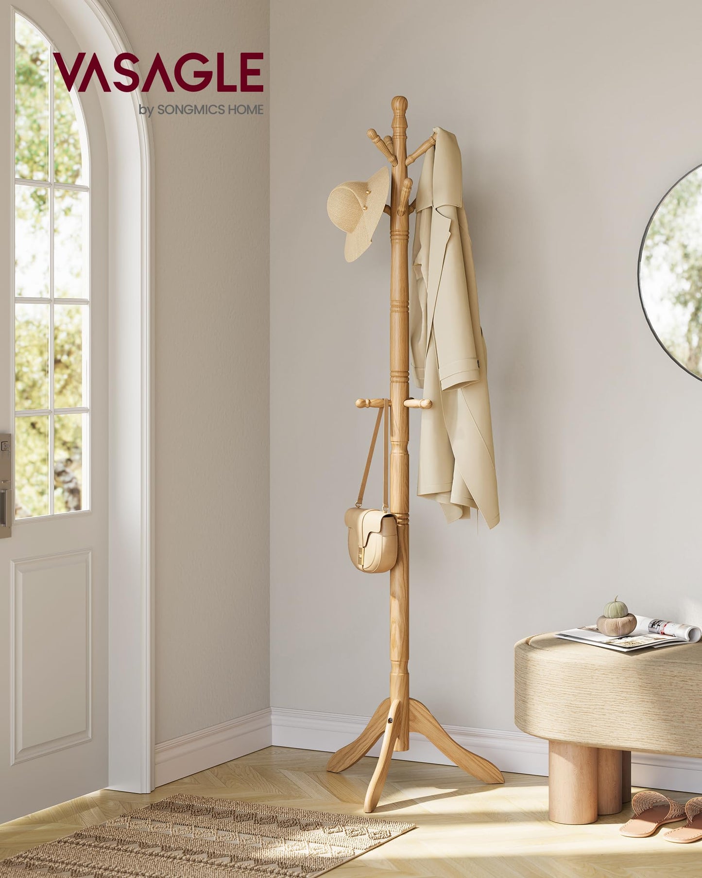 VASAGLE Solid Wood Coat Rack and Stand, Free Standing Hall Coat Tree with 10 Hooks for Hats, Bags, Purses, for Entryway, Hallway, Rubberwood, Natural Beige URCR003Y01