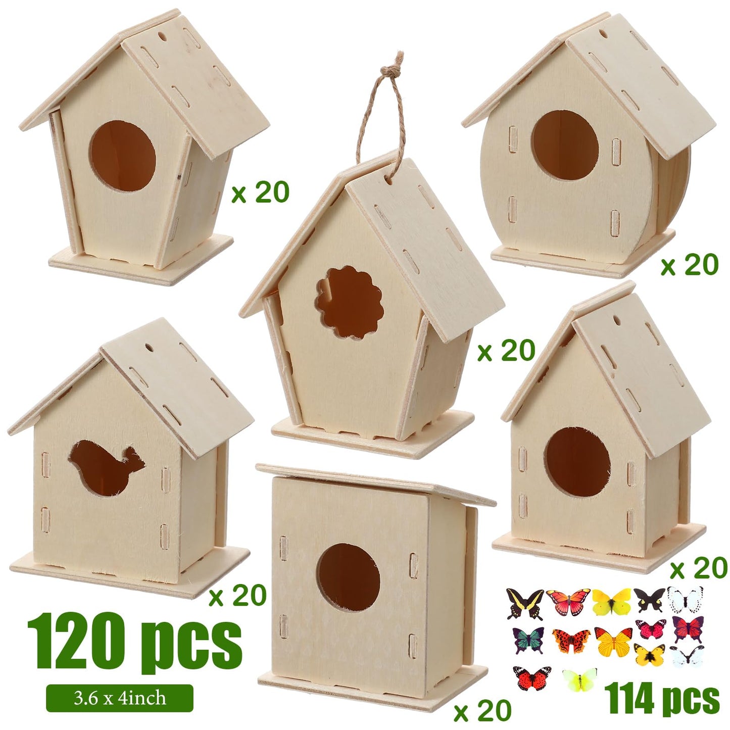 Kisston 120 Pcs Wooden Birdhouse Kits for Kids to Build and Paint DIY Bird Houses for Children Bird House Crafts in 6 Shapes and Stereoscopic Butterfly Sticker for Art Project Crafts Class Party