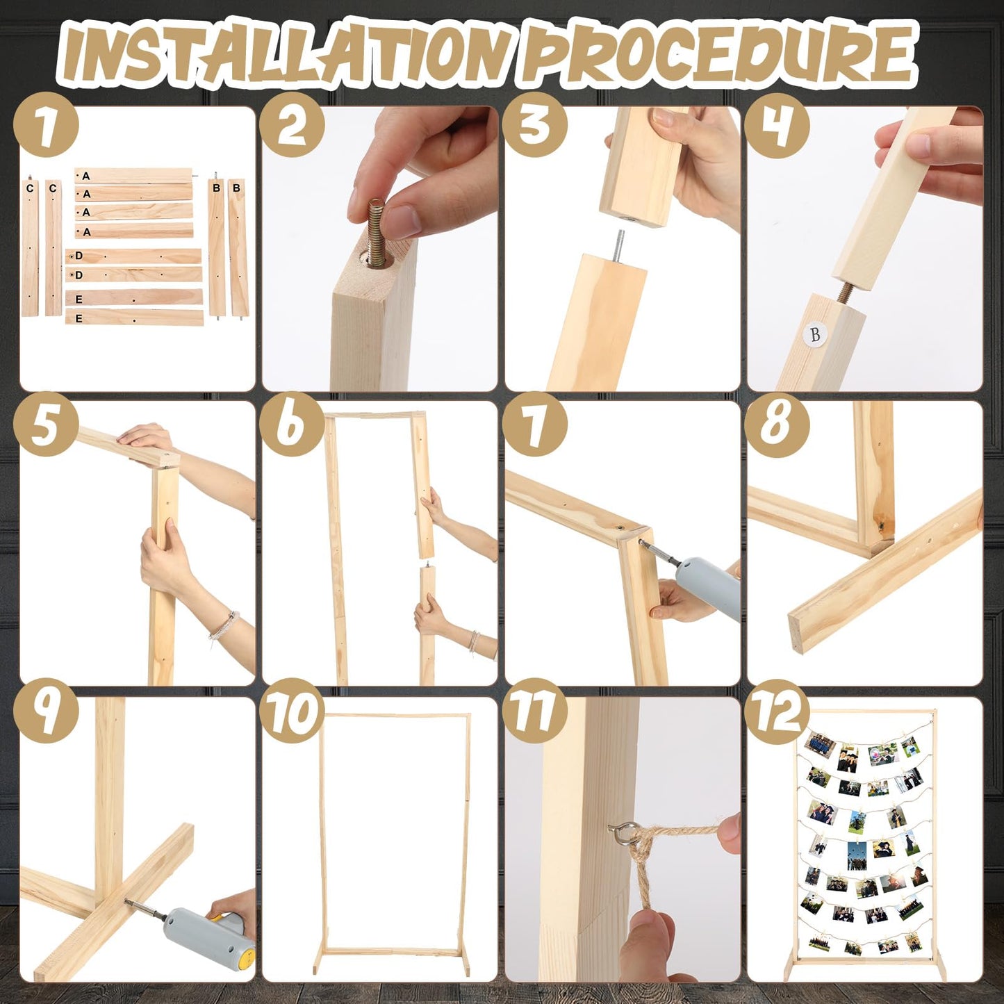 Colingmill 47 Inch Wooden Graduation Picture Display Frames Board Graduation Decorations Class of 2026 Standing Collage Picture Frame with String Light 30 Metal Clips for Grad Photo Party Decor