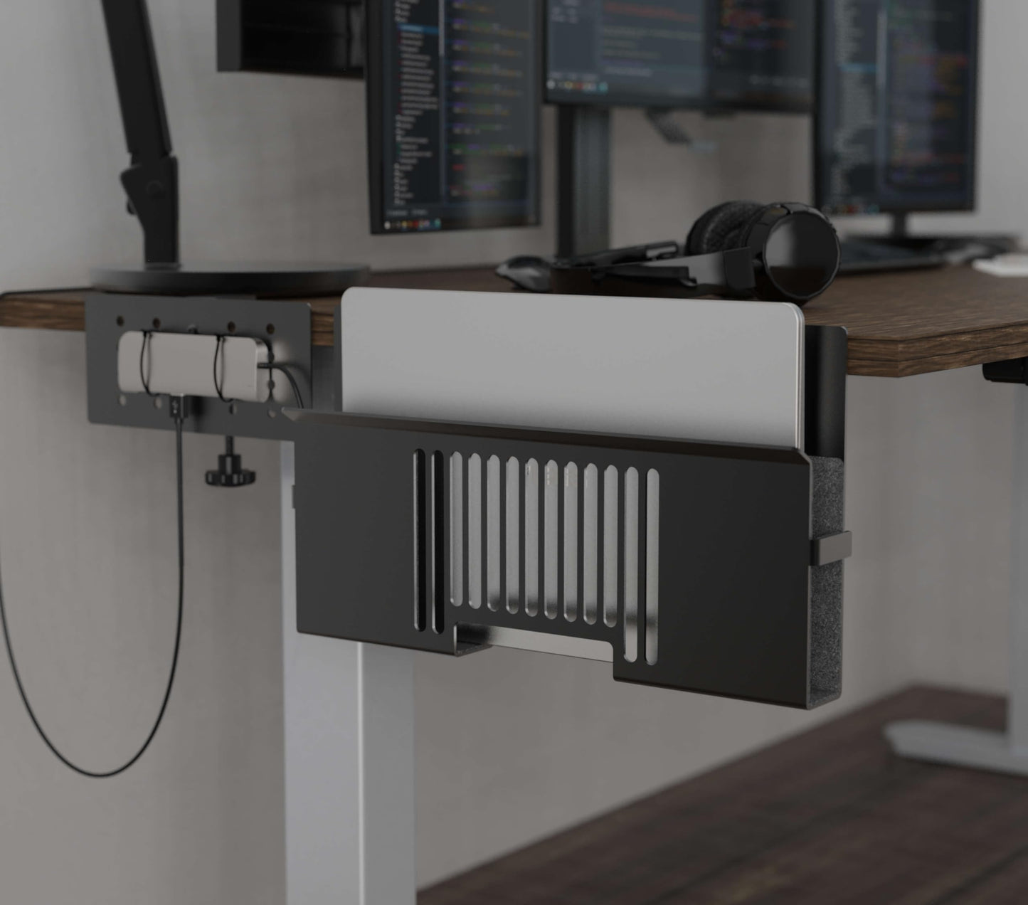HAVYO Vertical Side-Mount Laptop Holder Bracket for Desk Storage -fits: Dell/Acer/ASUS/XPS/MacBook/Surface/Lenovo/HP/Gaming Laptops (up to 16 inches) (Perforated Steel, Alloy Steel)