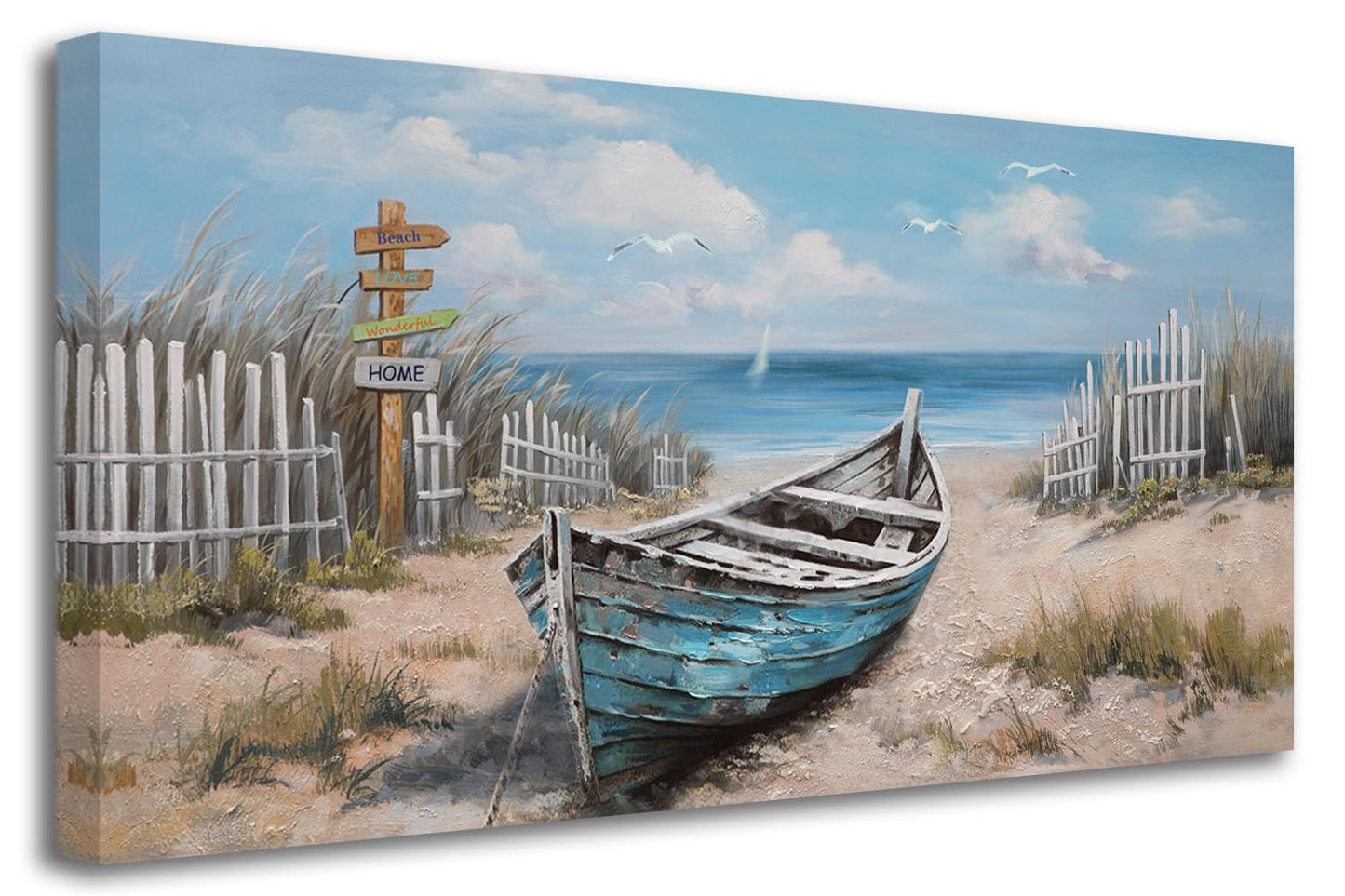 Ardemy Blue Coastal Wall Art Textured Beach Painting Turquoise Teal Sea Shore Picture Modern Boat Artwork Framed Living Room Bedroom Kitchen Bathroom Dinning Room Home Office Wall Decor Large 48"x24"