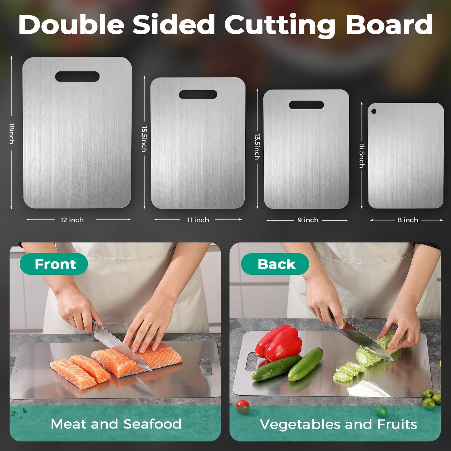 Katori Titanium Cutting Board - Upgraded 100% Pure Titanium Cutting Boards for Kitchen Non Toxic, Double Sided Food Grade Hygiene Non Moldy Dishwasher Safe Meat Fruit Metal Board (3PC S+L+XL)