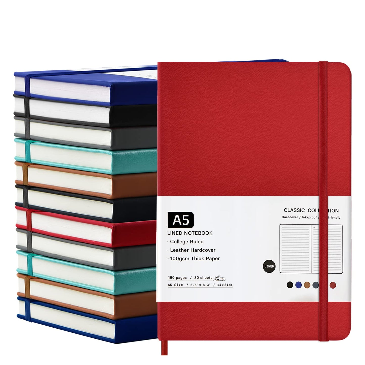 12 Pack Journal Notebooks College Ruled Notebook Classic Leather Hardcover Lined Journals for Writing Office School Home Business, 8.3” x 5.5”, 100GSM Thick Paper, 160 Pages (Multicolor, A5)