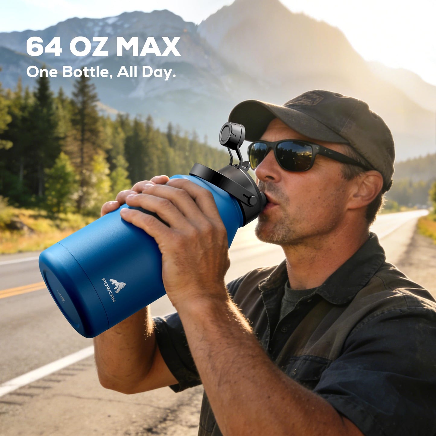 POWCAN 64 oz Insulated Water Bottle with 2-in-1 Straw and Spout Lid, Keep Cold 48H, Leakproof, Carrier Bag, Stainless Steel Sport Water Bottle for Men, Fitness, Outdoors, Gym and Travel (Obsidian)