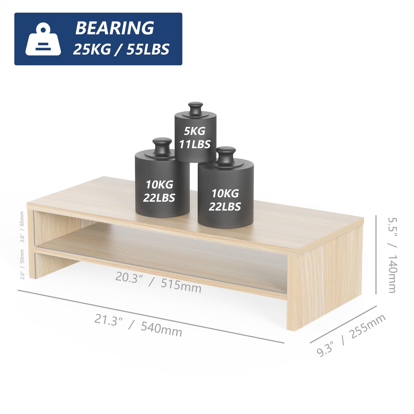 FITUEYES Monitor Stand - 2 Tier Computer Monitor Riser with 21.3 Inch Shelf, Wood Desktop Stand for Laptop Computer Screen, Desk Organization, Office Supplies