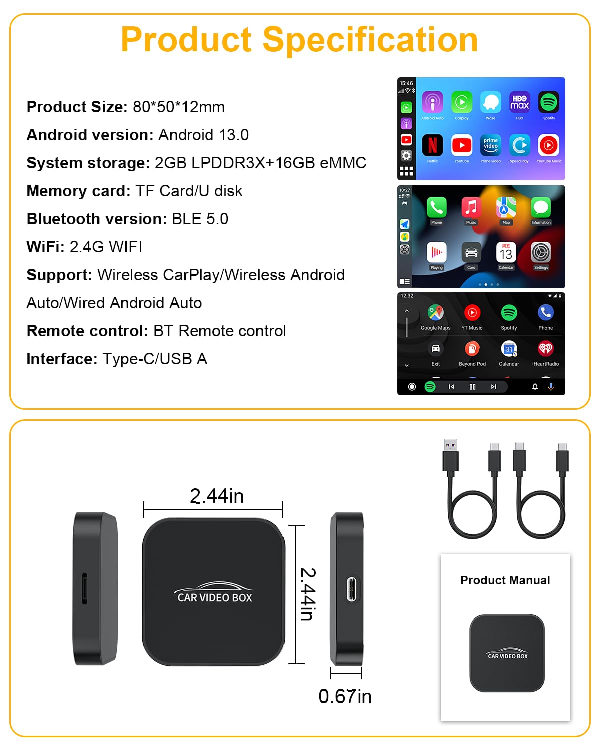5-in-1 Wireless CarPlay Adapter with Netflix/YouTube/TF, Android Auto & Carplay Adapter with USB-A and USB-C Cables,Convert Wired to Wireless Apple Dongle, Magic Video Ai Box Car Play for iOS 10+