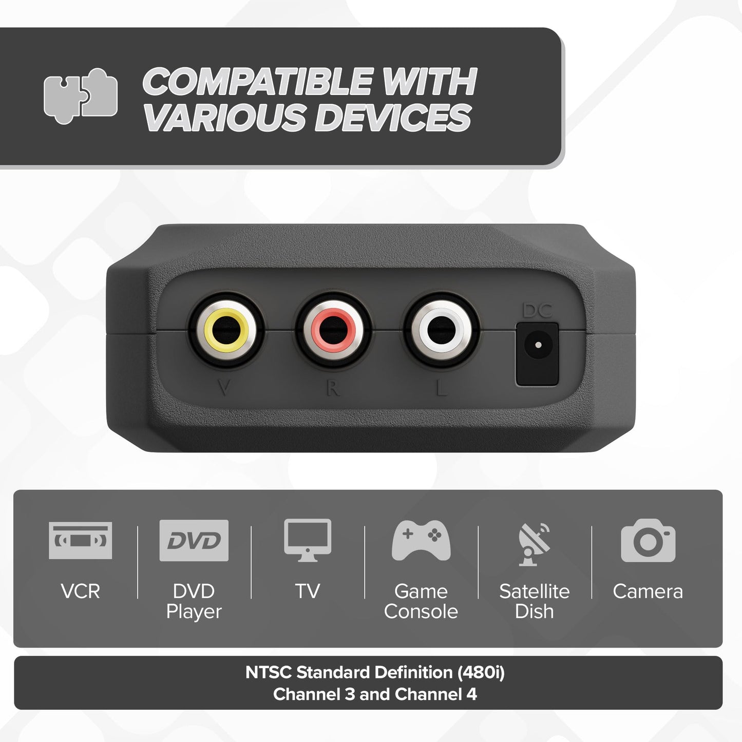 THE CIMPLE CO - RF Modulator, RCA Composite to RF Coaxial Adapter, Converts Standard Definition Signals to Coax, Watch DVD, VHS, Game Consoles on TV, Includes A/V Cable