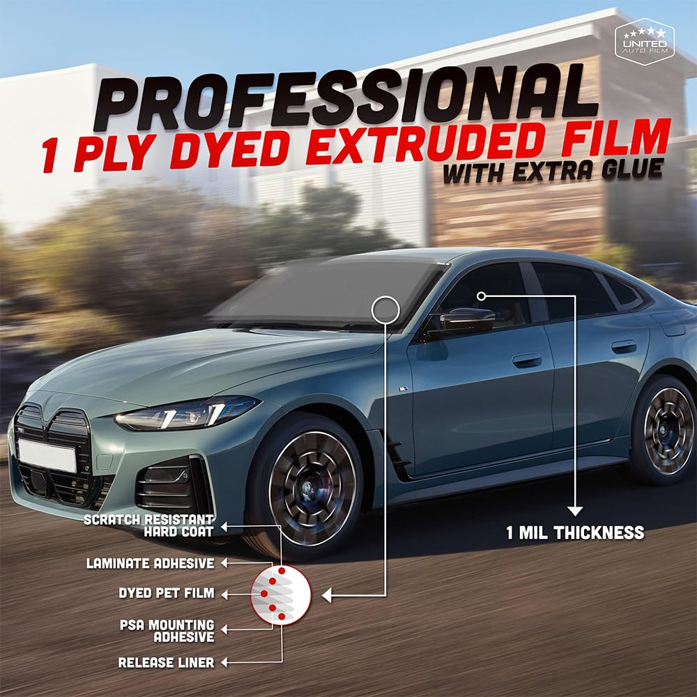 United Professional Window Tint 5% VLT 24" in x 100'Ft 1Ply Dyed Film Upgraded - Privacy Window Tint for Car, Home, Blocks UV/IR Rays, Reduce Heat & Glare - Adhesive Window Film Standard Black Color