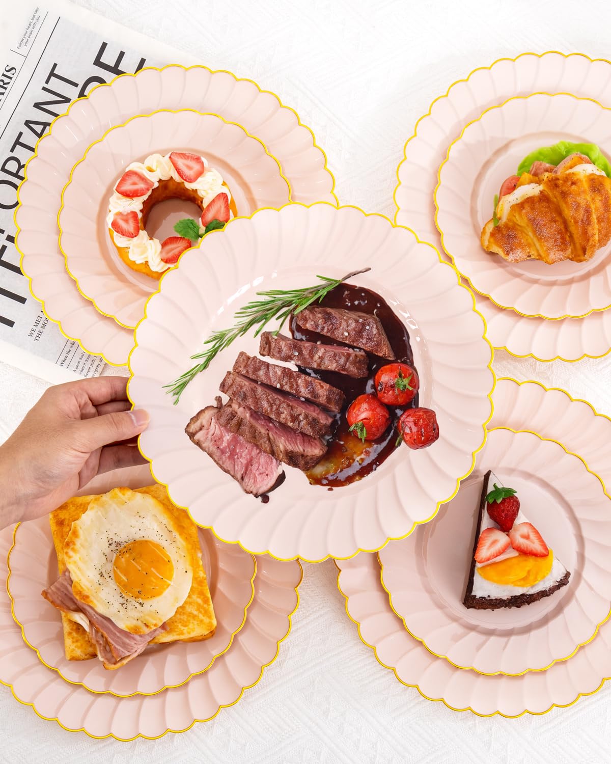 YOUBET 100PCS Pink Scalloped Plastic Plates - Heavy Duty Gold Disposable Fancy Hard Plates Include 50 Dinner Plate, 50 Dessert Plate, for Wedding & Party