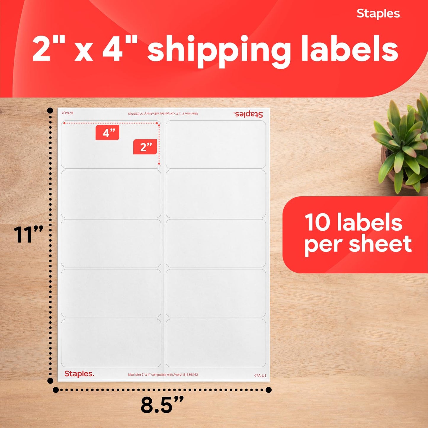 Staples Laser & Inkjet Shipping Labels, 2" x 4", White, Permanent Adhesive, Printable Sheets for Mailing & Packaging, 2,500 Labels