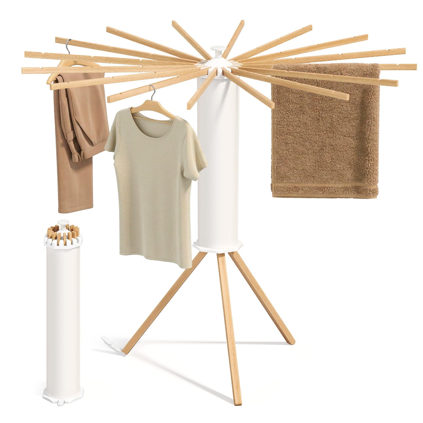 SONGMICS Clothes Drying Rack Foldable, Rotary Tripod Laundry Drying Rack, Rotatable Portable Floor Standing Clothes Airer, Laundry Room Balcony, 16 Pull-Out Wood Arms, Natural Color ULLR530YW01