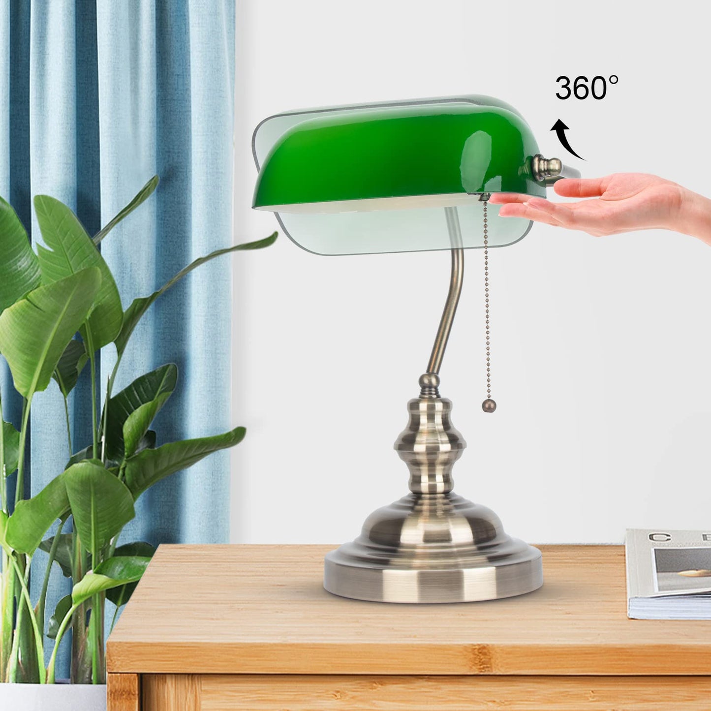 JCPYIUL Green Glass Bankers Desk Lamp,Antique Desk Lamps with Brass Base, Traditional Library Lamp with Pull Chain, E26 Base, Vintage Desk Lamp for Office, Study Room