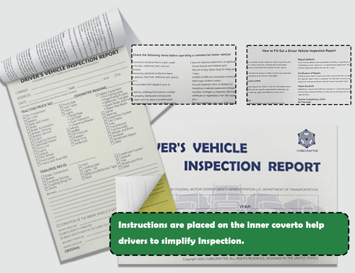 Detailed Driver's Vehicle Inspection Report 10 Pack Book Format, 2-Ply Carbonless, 5.5" x 8.5", 35 Sets of Forms per DVIR Log Book for Truck Drivers,FMCSR Compliant with Easy Tear-Out