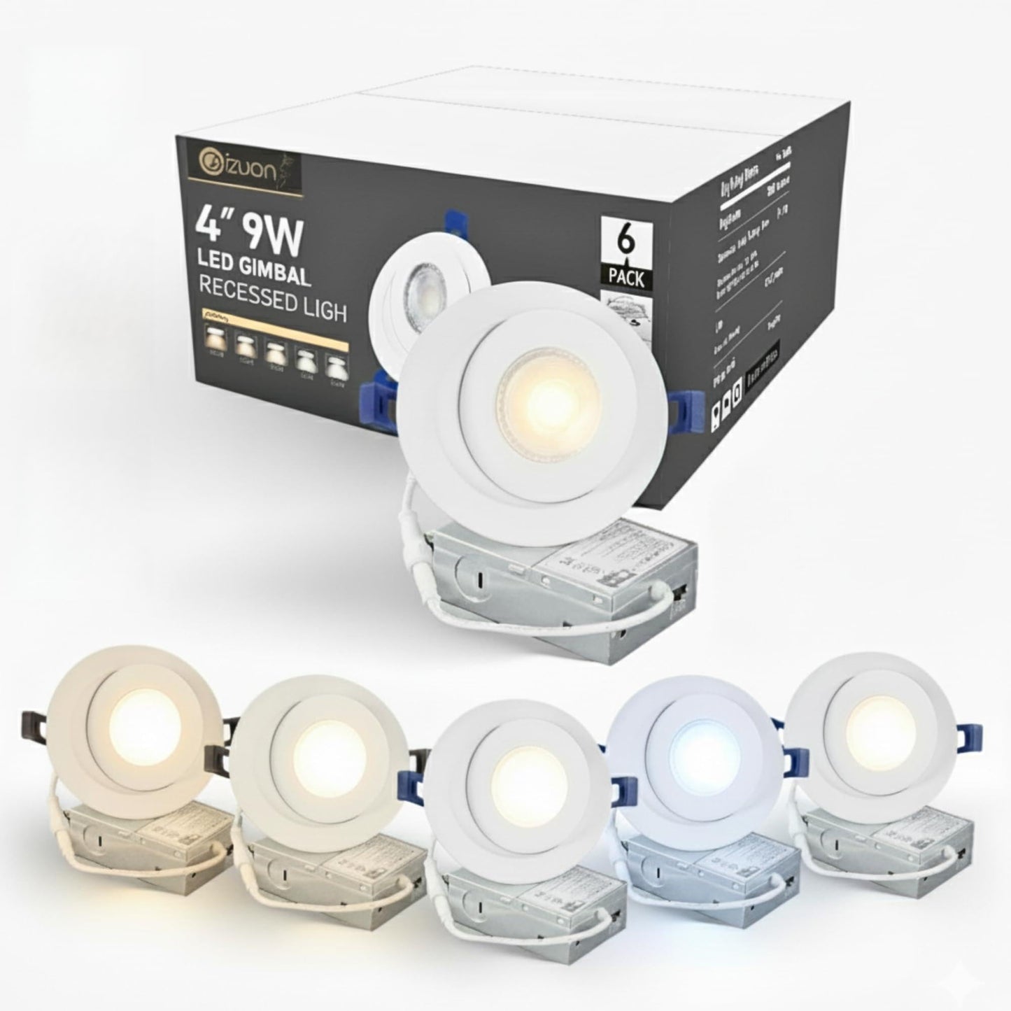 Oizuon Gimbal Recessed Lighting 4 Inch – 5CCT (2700K/3000K/3500K/4000K/5000K) with 90° Tilt & 360° Rotation, 750LM Dimmable Ceiling Light – 9W LED Kitchen Ceiling Light for Home, Office – 6 Pack
