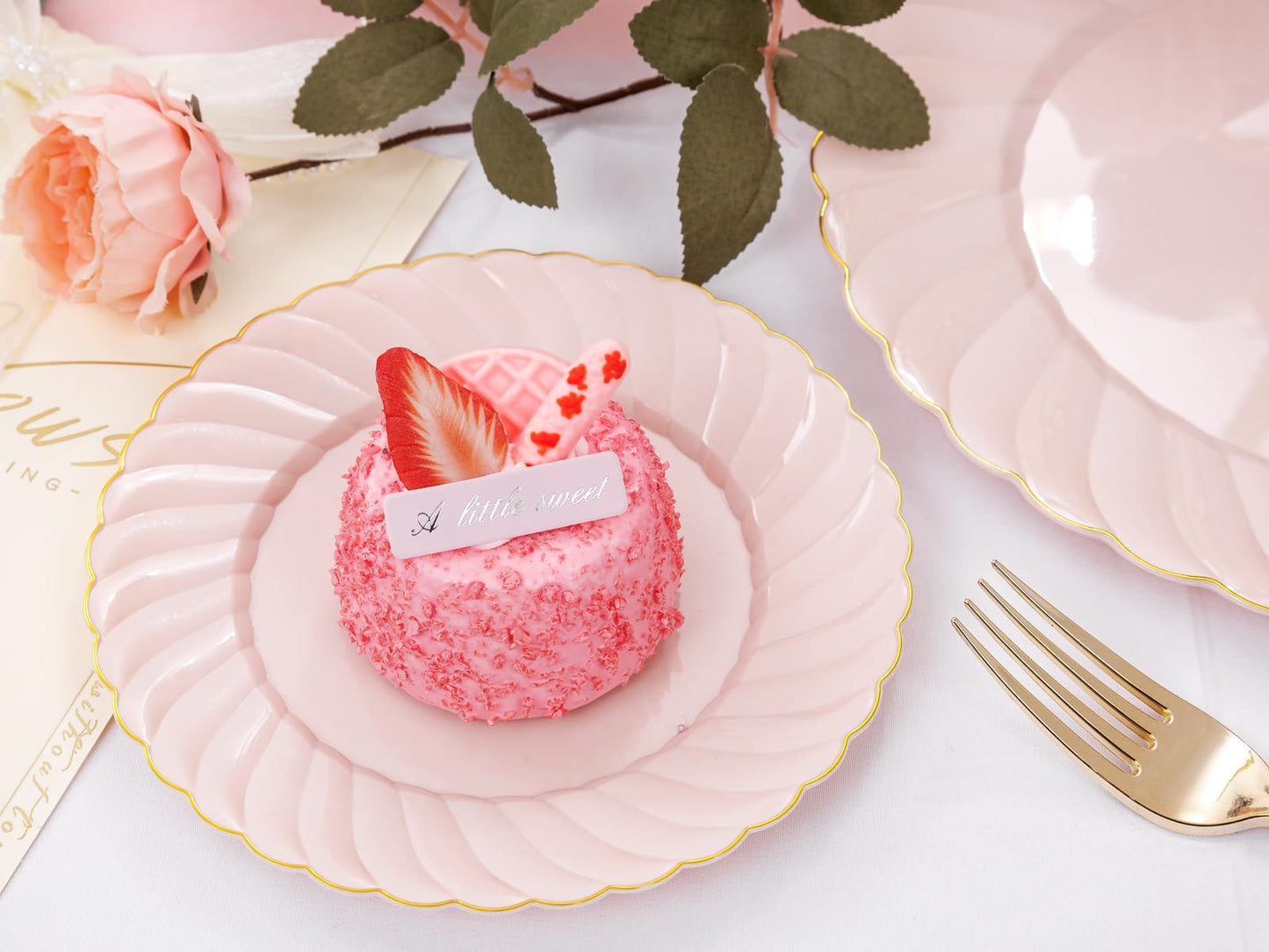 YOUBET 125Pieces Pink Plastic Plates with Gold Rim-Gold Plastic Silverware Include 25 Dinner Plates 25 Dessert Plates 75 Gold Silverwares for Wedding Birthday & Parties
