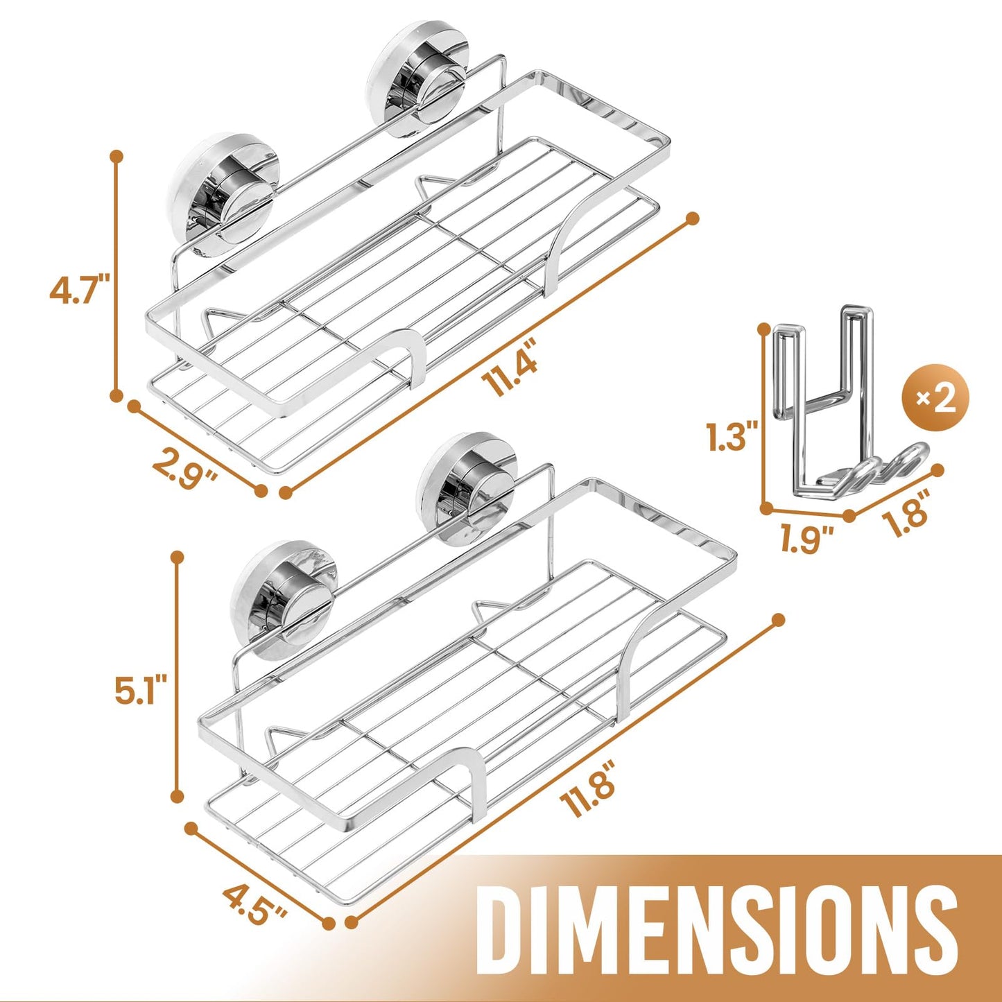 LEVERLOC Shower Caddy Suction Cup 2 Pack, Shower Shelf for Inside, Large Capacity Bathroom Organizers and Storage, Rustproof & Waterproof Metal Bath Basket, No-Drilling, Heavy Duty, Silver